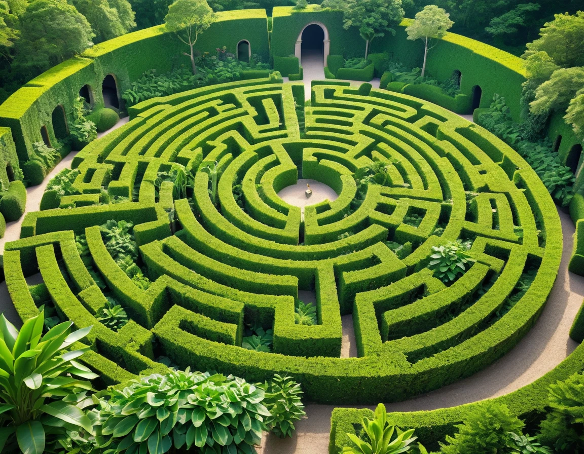 Generate a 4K image of a vast maze made entirely of leaves and plants, inviting explorers to find their way through. Use a bird's-eye view to show the complexity and beauty of the labyrinth. The lighting should be bright and natural, casting soft shadows and highlighting the various shades of green. The image should be highly detailed, in sharp focus, and of very high quality with no blur