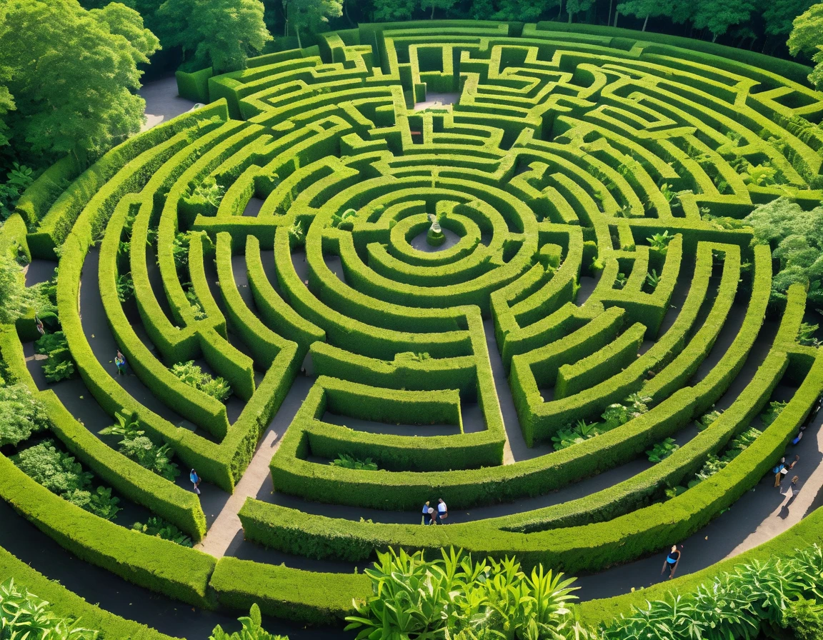 Generate a 4K image of a vast maze made entirely of leaves and plants, inviting explorers to find their way through. Use a bird's-eye view to show the complexity and beauty of the labyrinth. The lighting should be bright and natural, casting soft shadows and highlighting the various shades of green. The image should be highly detailed, in sharp focus, and of very high quality with no blur