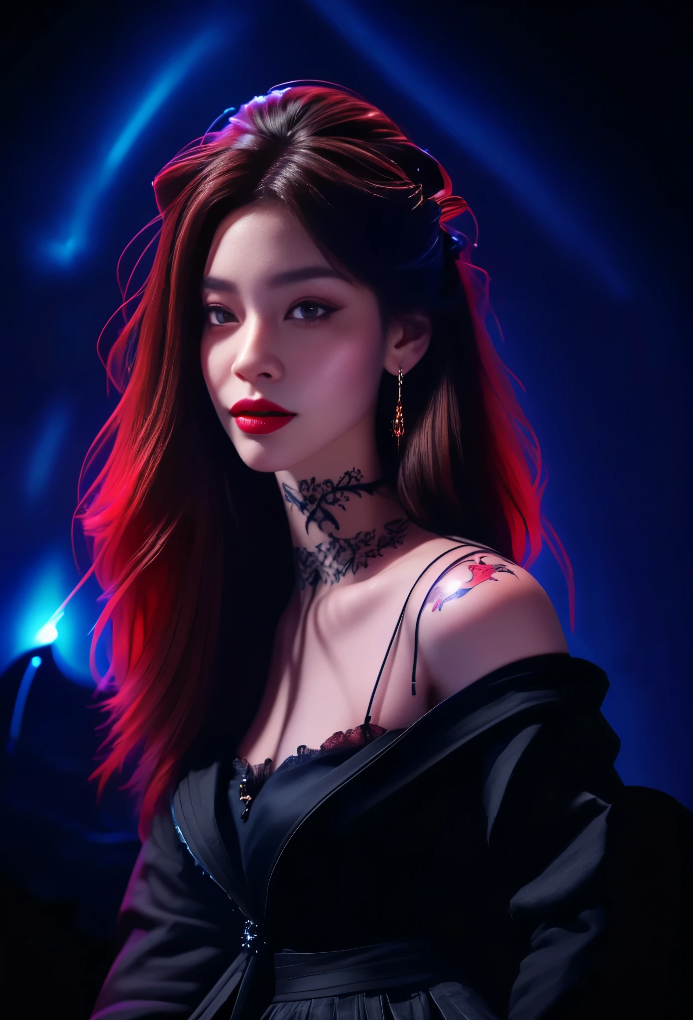 (High resolution,Practical) Long hair girl,skirt, Beautiful demon woman from hell, (in the darkness: 1.6), Very rich facial details,Red-black lips, Shoulder devil tattoo,rugged, Moderate: Detailed facial features, Determine the expression, Dark background,The environment is mysterious and elegant, Model, High contrast required, Jewelry, earrings, miniskirt, shirt, Jacket, brown hair, 白shirt, A bracelet, Hair Bun, single Hair Bun, long skirt, Shut up, Hoop Earrings, blue Jacket, skirt, Beautiful demon woman from hell, (in the darkness: 1.6), 大卫霍克尼和阿尔方斯穆夏的Surrealism女性portrait, Fantasy Art, Korean Doll, Photorealism, Dynamic Lighting, Art Station, poster, Volumetric Lighting, Very rich facial details, 8K, in the darkness, Deep Shadows, low pitch, long hair, Black Hair, Luxurious Palace, Royal style, Demon Crown, The red eye makeup is very vivid and detailed, the most beautiful face, Normal breast, Surrealism, Charming smile, The eye makeup is beautiful, Gurwitz, Devil style, Red-black lips, Shoulder devil tattoo, Gloomy weather,Thunder, (portrait), Close-up of the protagonist, (Background details 1.8), Revealing clothes, cosmetic, 白skirt