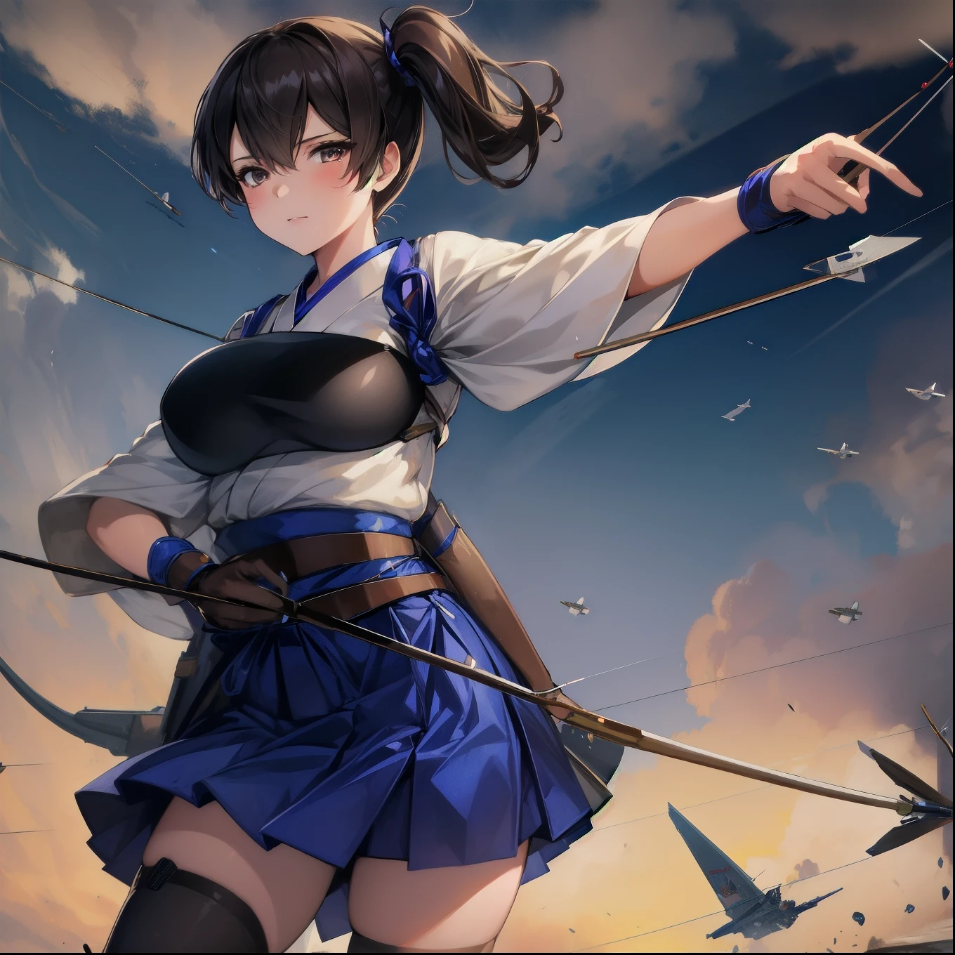 Kaga(Fleet Collection),highest quality, masterpiece, High resolution,kimono,blue skirt,side ponytail,big_breasts,solo,Japanese_bow&arrow,dynamic_posing,half_eyes,solo