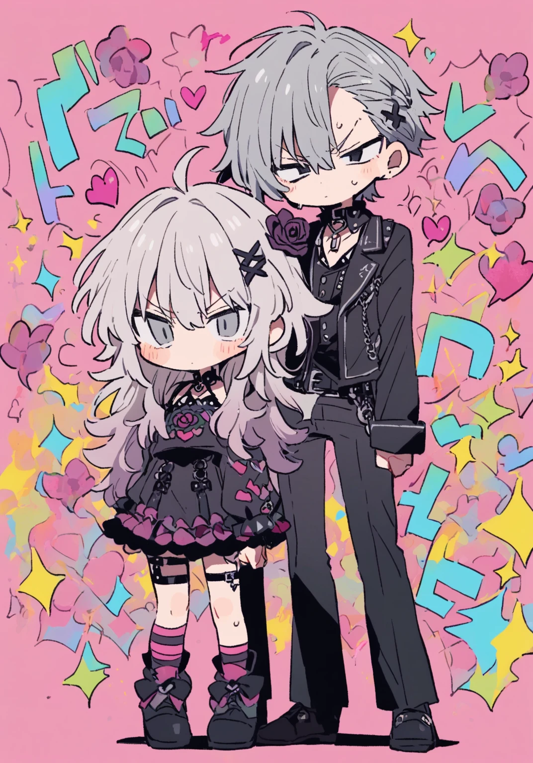 tegaki chibi full body 2boys pastel colors gradient flat chest yaoi gay boys love gothic rose blonde silver hair gray eyes black eyes aesthetic angry