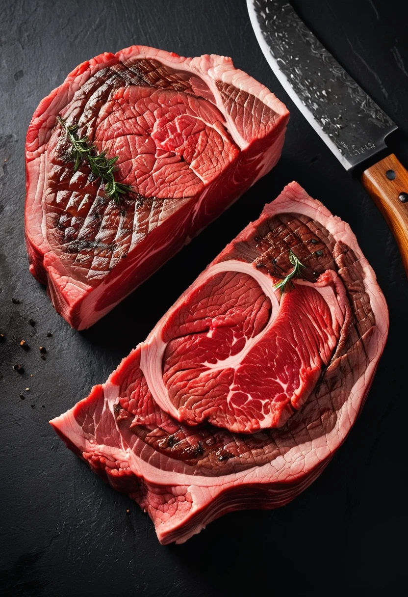 A large cut of beef,Surface smoke black,The outer surface is dark black,Cut surface is red,Have an appetite,Textured,High realism
