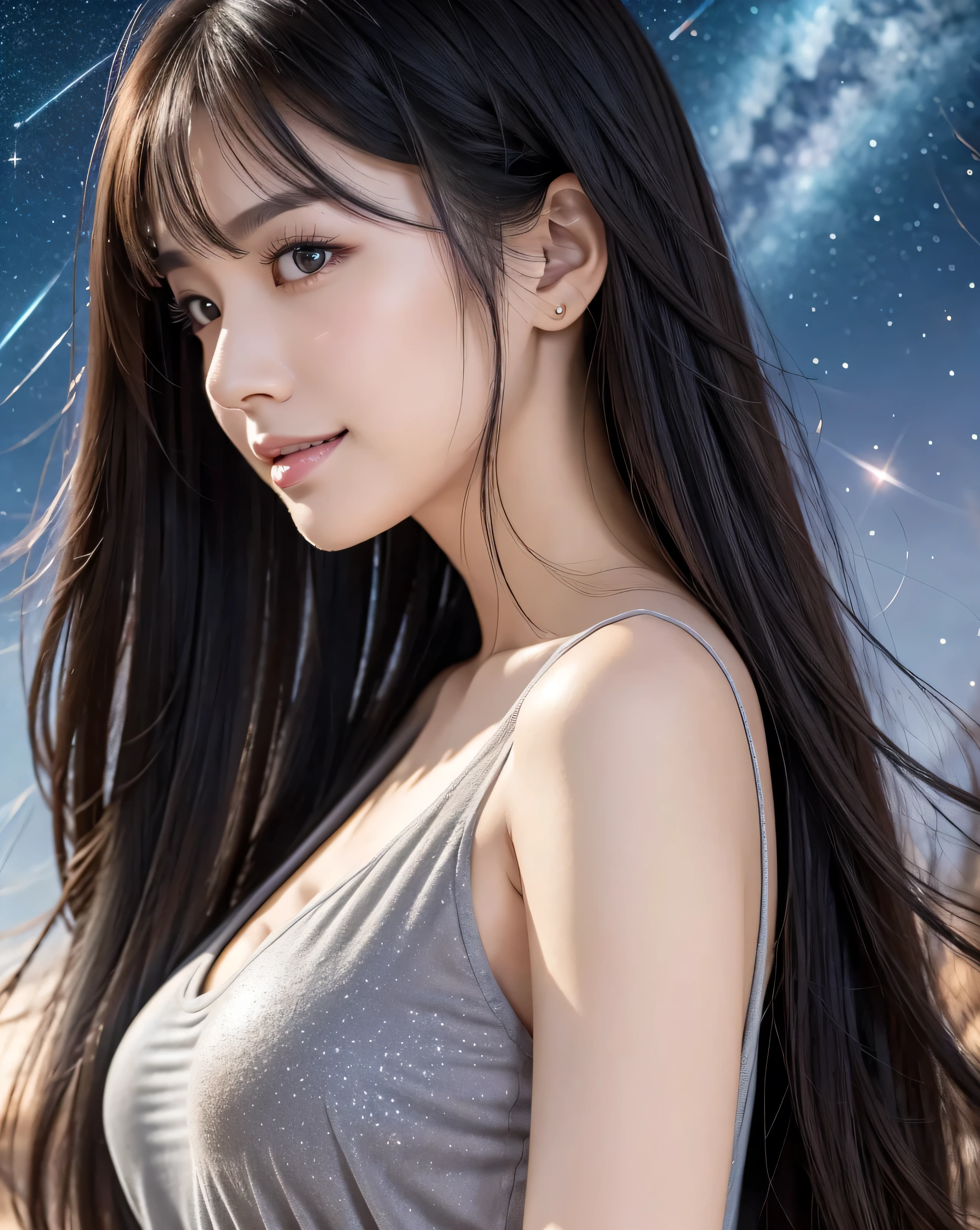 (highest quality, 32k, High resolution, Masterpiece:1.5, ), marimo_jet, Concept Art, Arousing pleasant enjoyment and curiosity, Expressing emotions, Have a rich imagination, Beautiful Japanese Women, An exceptionally beautiful face, Small Face Beauty, ((profile:1.3)), Perfect Human Anatomy, Magical big eyes, Motherhood and generosity, Deep Love, fleeting smile:1.1, Shiny black hair, Super Long Straight Silk Hair, Asymmetrical bangs, Hair between the eyes, Transparent, soft white skin, Sharp eyebrows, Thin lashes, ((Natural Makeup:1.1)), Cheek highlighter, Pale pink detailed lips, ((Grey tank top:1.3)), High resolution perfect collarbone, High resolution beautiful bust, Slim figure with ample breasts, High resolutionの美しい太もも, ((Beautiful sparkling starry sky background:1.2)), Professional Lighting, Professional photographer, Professional models, mysterious