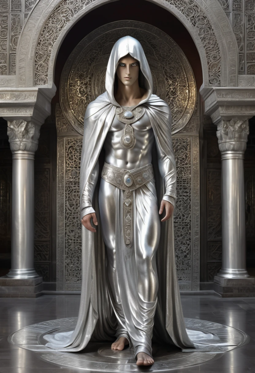 A full-length statue of the beautiful sexual young man with beautiful opened silver eyes looking forward with silver skin - God of the moon, made of silver, arabic appearance, naked in a floor-length silver skirt, covered with a hood, semicircular symbols on clothes    
In the temple with Arabic architecture made of silver, dark fantasy style