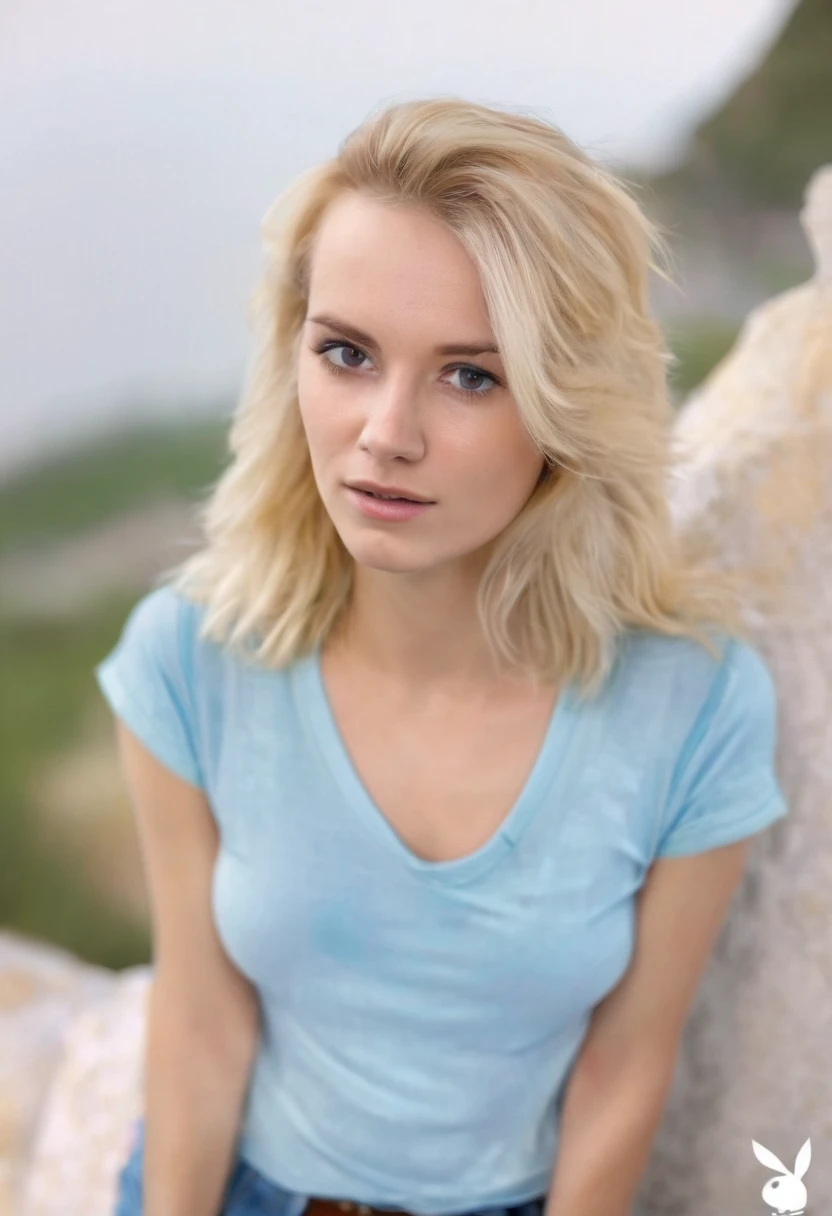 blond woman with a blue shirt and a white shirt looking at the camera, soft portrait shot 8 k, close up of a blonde woman, close - up portrait shot, close up portrait shot, woman's face looking off camera, very pretty face, perfectly lit face, close-up shoot, beautiful look, close up portrait, close up portrait photo, closeup headshot