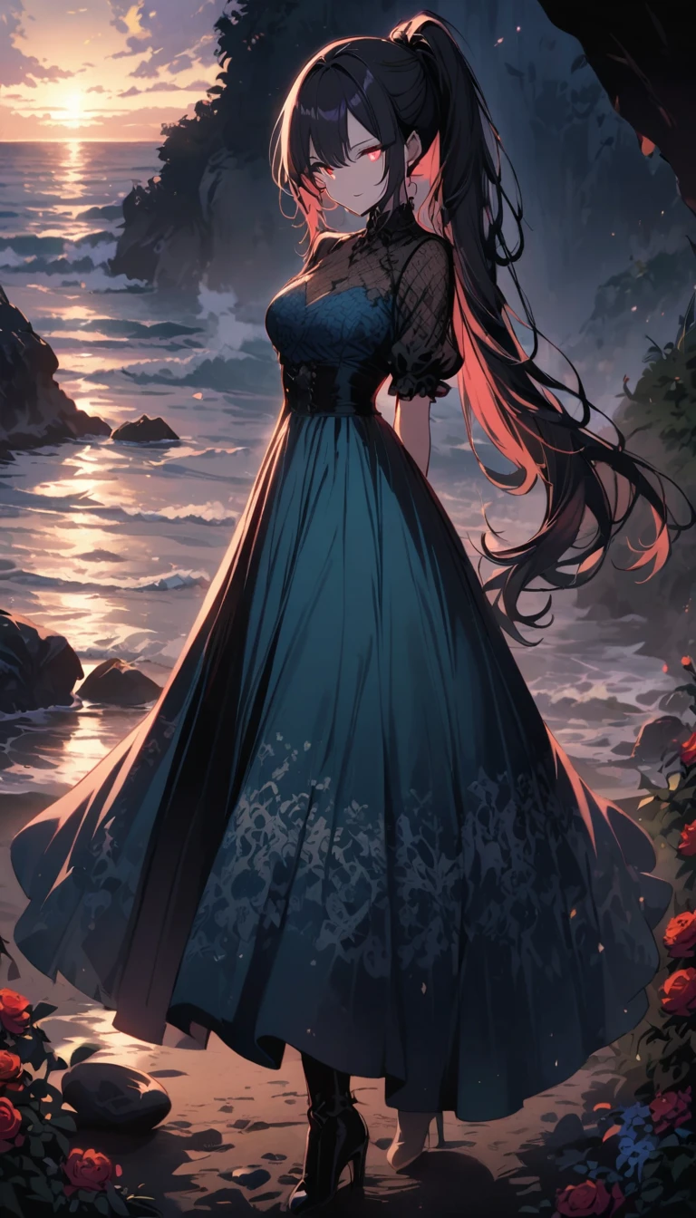 1girl, standing, water waves, coastal mist, warm light, glowing eyes, long hair, flowing, sea spray, ocean wind, wavy hair, sea foam, shell, beach stone, ripples, foam pattern, depth of field, focus on character, blurred background, misty air, soft colors, calm sea, shore, ocean breeze, serene atmosphere