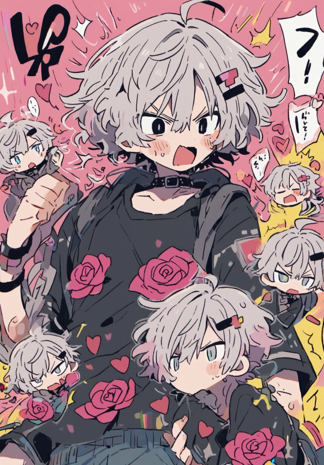 tegaki chibi 2boys pastel colors gradient flat chest yaoi gay boys love gothic rose blonde silver hair gray eyes black eyes aesthetic angry