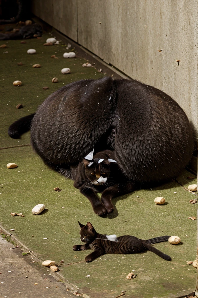 A big pile of shit with flies stinks nasty cat