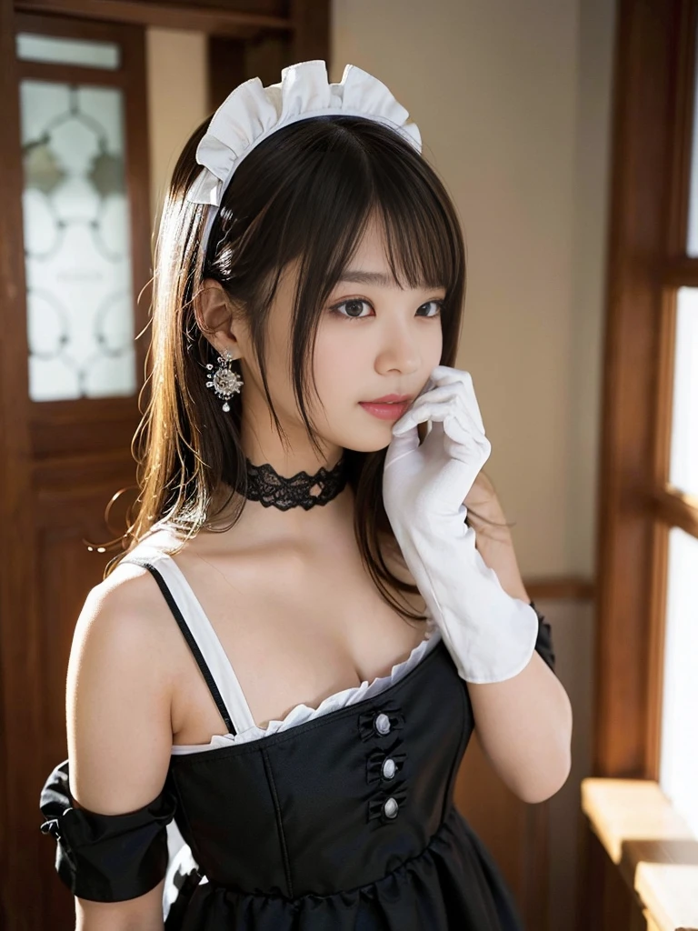 Wearing the cutest gothic maid in the world,Z Cup Big,Sculpture model attracts, (1girl in:1.3)、photos realistic、Photorealsitic:1.4 Official art、ultra-detailliert、Beautiful and aesthetic、Beautiful fece、masterpiece、top-quality、Standing by the window、Poses that sexually provoke men、Inviting eyes、an ecstatic look on one's face、the buttocks are small、Colossal 、Chest exposed、(barechested)、The cutest maid choker in the world、The cutest gloves in the world、The most beautiful skin in the world、The cutest earrings in the world、The cutest sleeping face in the world、The cutest gravure idol pose in the world、The most attractive body in the world、The whole body is shown、Old Western-style building