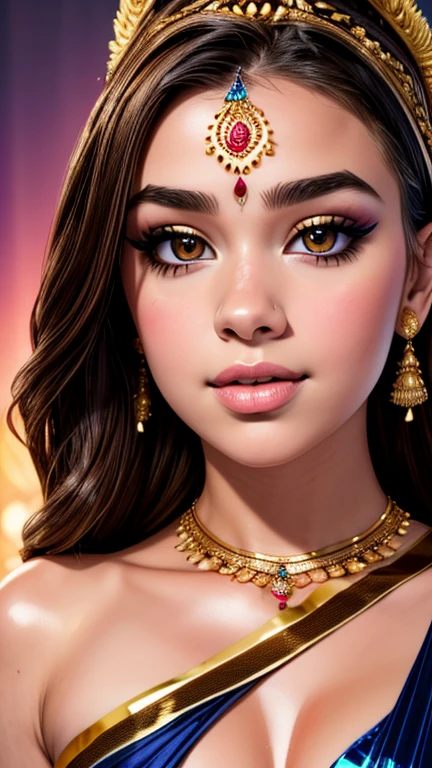 Hailee Steinfeld as a gorgeous Indian Empress wearing ((Kasavu Saree)); deep cleavage; ((ultra glossy lips)); ((Traditional Indian Makeup)); ultrarealistic skin, ultrarealistic face; ultrarealistic body; ((ultrarealistic gold ornaments)); (Perky Round tits)); ((overflowing Perky Round breasts)); high resolution; detailed skin; ultra detailed eyes; ultra detailed face; ultra detailed lips; 4k resolution; both eyes are similar, thick eyebrows, heavily oiled shiny skin, slim athletic body, sexy seductive pose, Seductive smile, standing; looking at viewer, facing camera; full body photograph, DSLR photo; HDR, super-resolution, maximum clarity and sharpness, rule of thirds, 8k raw, reflections, sharp focus