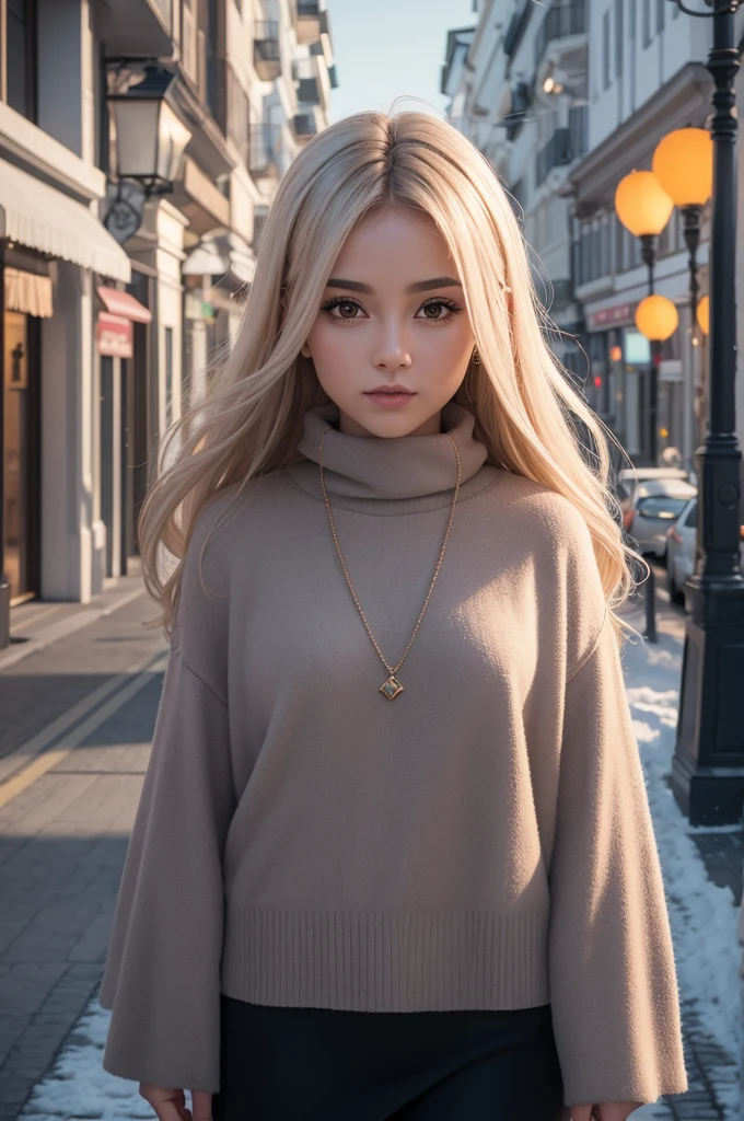 fotografia profissional de uma linda garota norueguesa pelada
 com cabelos loiros longos e ondulados, olhar sensual e sedutor, beautiful symmetrical face, linda maquiagem natural, wearing elegante warm winter fashion clothing, ((parado do lado de fora na rua nevada da cidade)), impressionante ambiente urbano moderno, ultra realistic, arte conceitual, elegante, altamente detalhado, intricado, sharp focus, profundidade de campo, f/1. 8, 85mm, medium shot, meio do tiro, (((professional color grading))), luz difusa suave e brilhante, (volumetric fog), Trends on Instagram, hd 4k, 8K