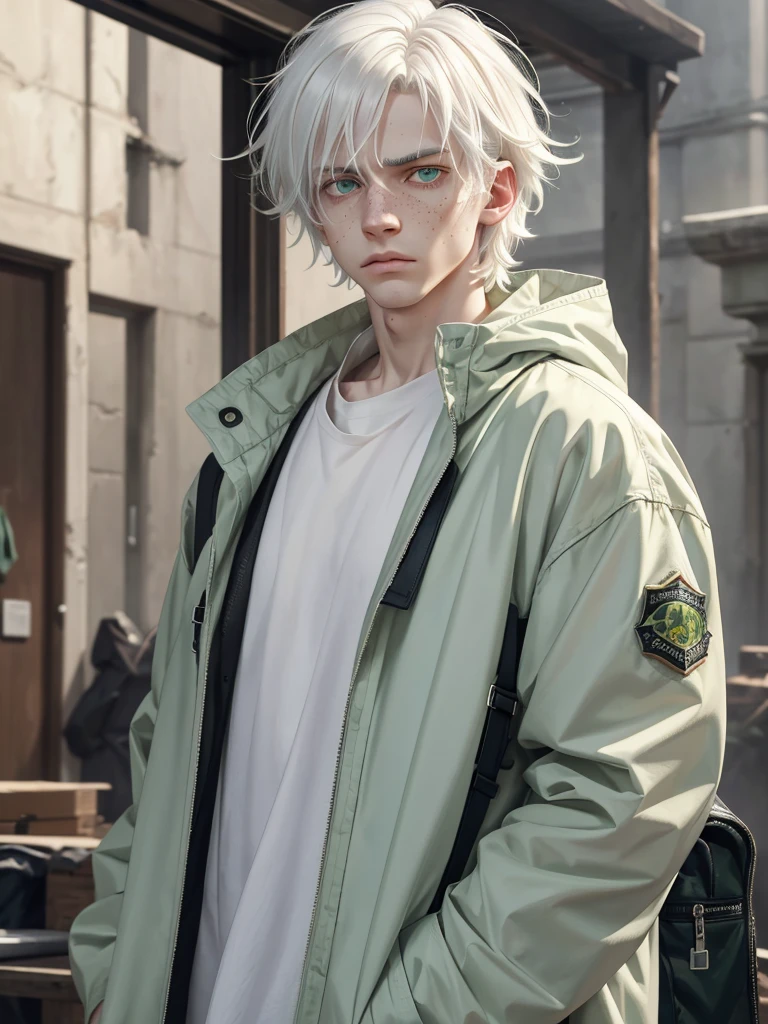 (best quality), 1boy, male, pale skin, white hair, medium hair, messy hair, messy bangs, hair over eyes, green eyes, perfect eyes, bags under eyes, scar on face, oversized green jacket, fully clothed, serious, freckles, albino, masculine body, skinny body, masterpiece, anatomically correct, highres