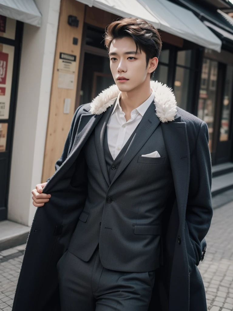 handsome male,big muscle,suit,feather coat,photography,dutch angle,outdoor