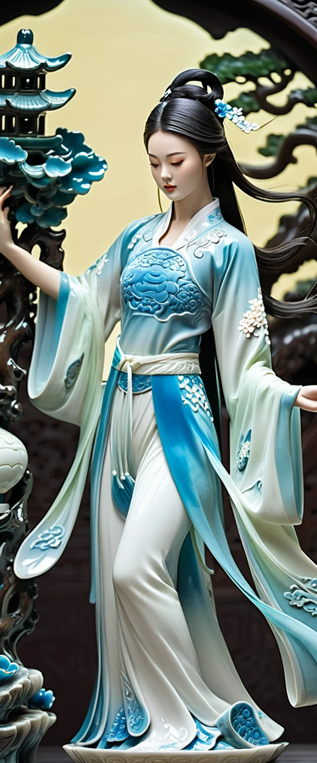 (wallpaper),32k,((Extremely exquisite and beautiful)),(((masterpiece))),(((best quality))),(Ultra-high resolution)，High Quality Fantasy Artifact Concept Art, Tai Chi background, Ceramic Chinese Girl, Carved high-end porcelain, complicated, glass landscape background，Gorgeous,