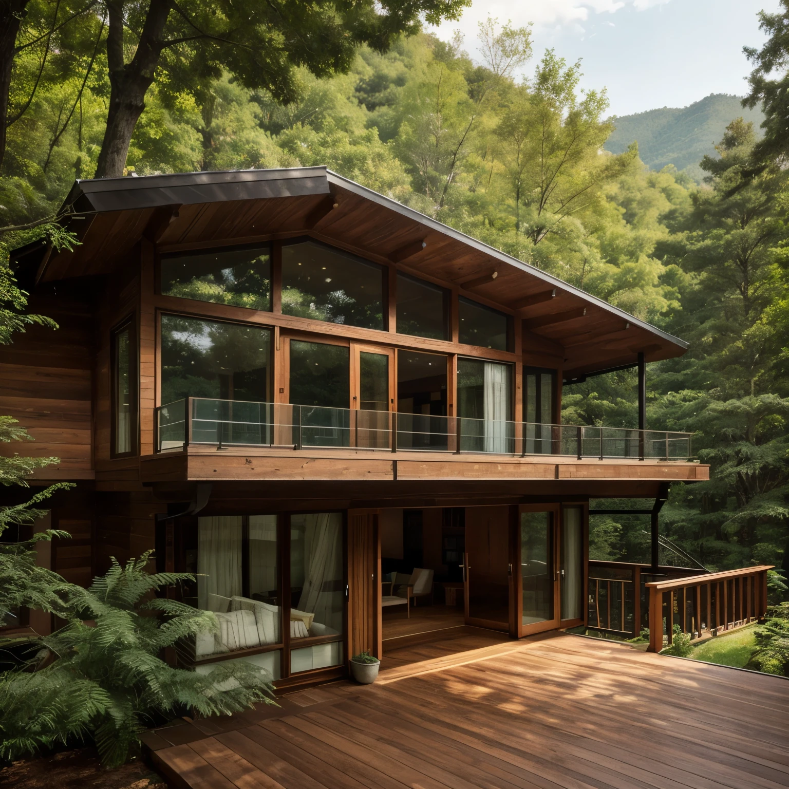 arafed house with a large deck and a mountain view, a detailed drawing by Ni Yuanlu, shutterstock, modernism, peaceful wooden mansion, amidst of nature fully covered, modern house in the wood, dense with greenery, large modern residence, beautiful house on a forest path, arhitectural shot, house in forest, beatiful house