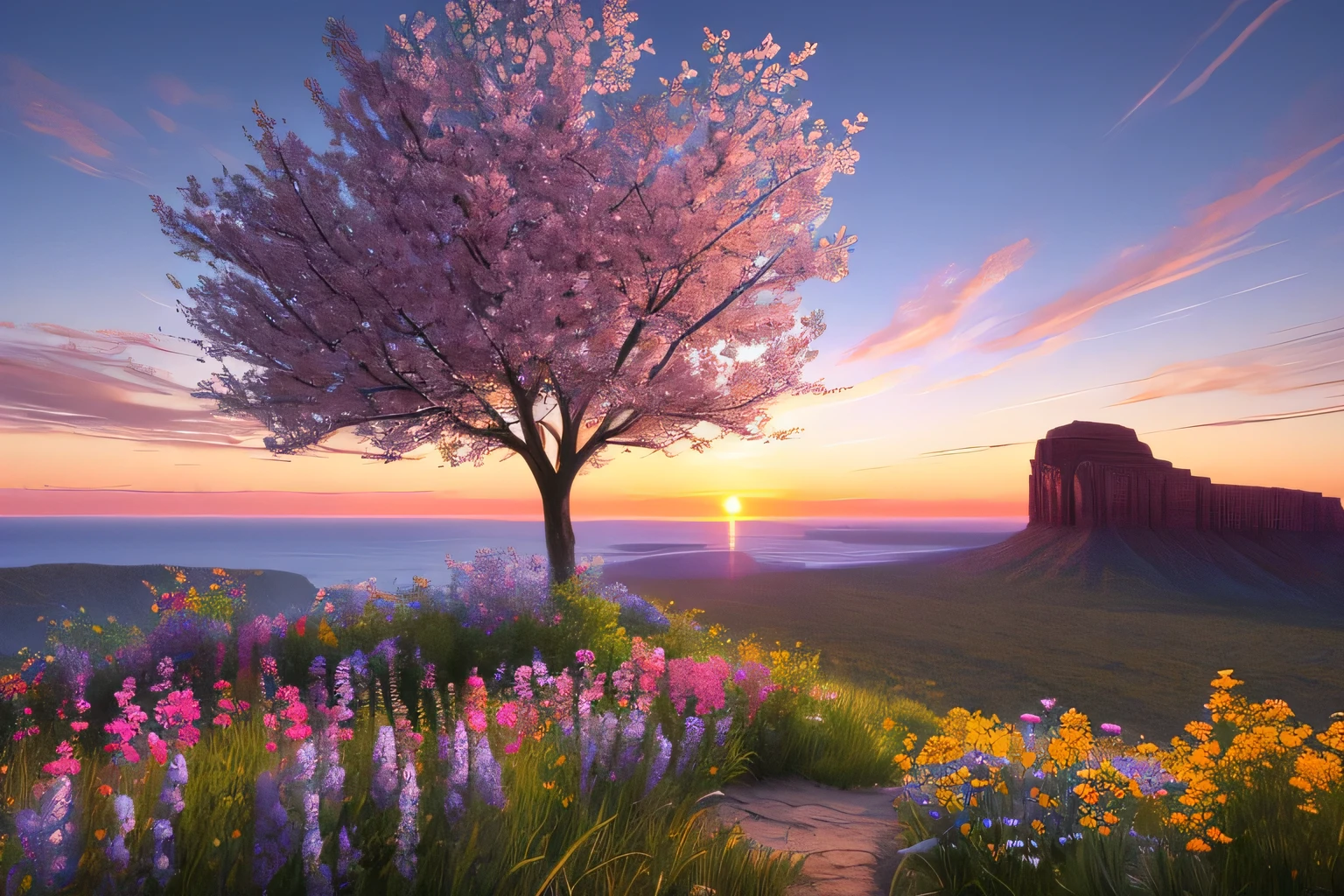 Auclair Cobalt,sunset,Flowers,(Highly detailed CG unit 8k wallpaper), The most beautiful works of art in the world, Professional majestic oil painting, Complex, High detail, Sharp focus, dramatic, The art of photorealism painting,
