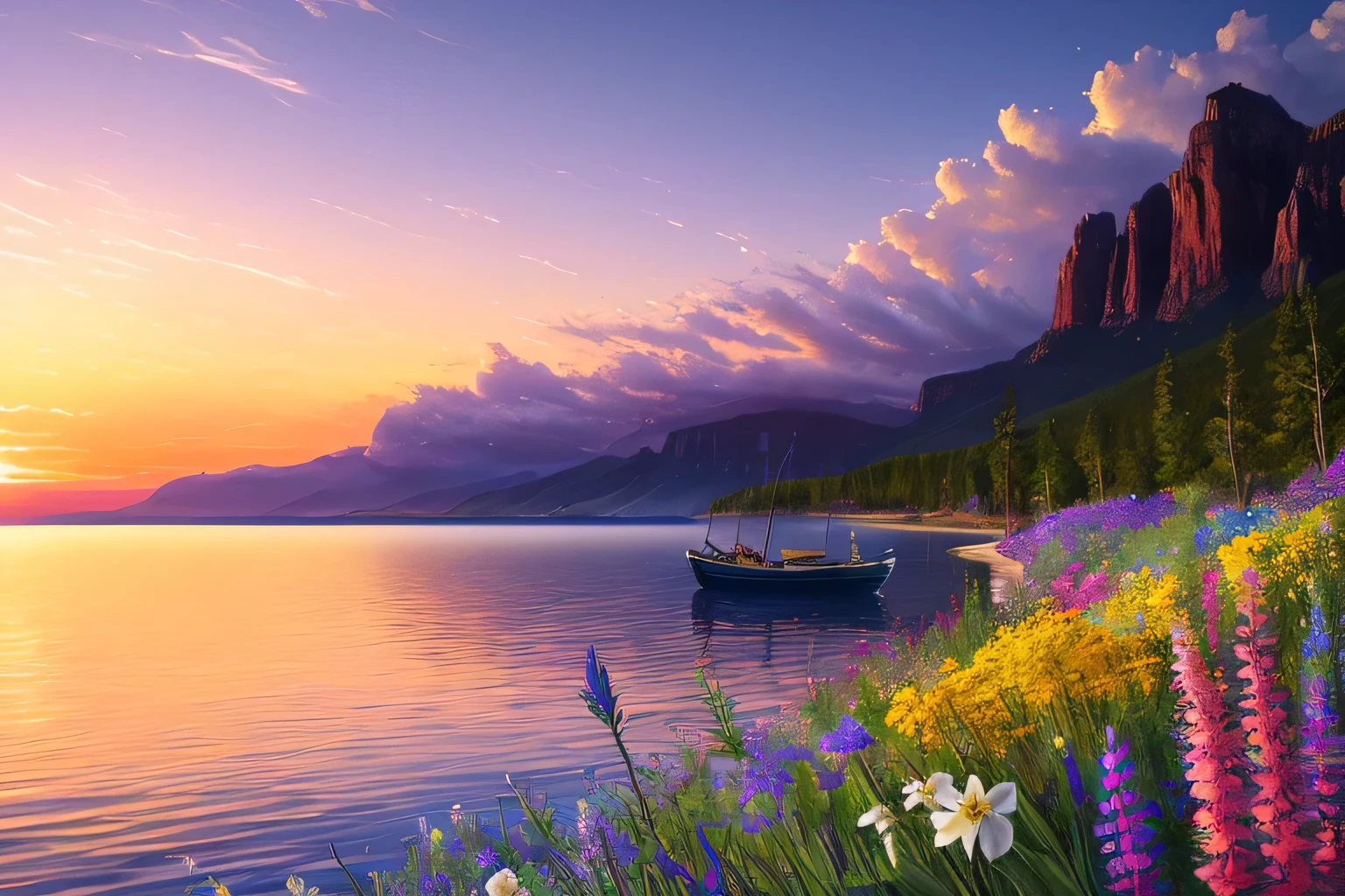 Auclair Cobalt,sunset,Flowers,(Highly detailed CG unit 8k wallpaper), The most beautiful works of art in the world, Professional majestic oil painting, Complex, High detail, Sharp focus, dramatic, The art of photorealism painting,