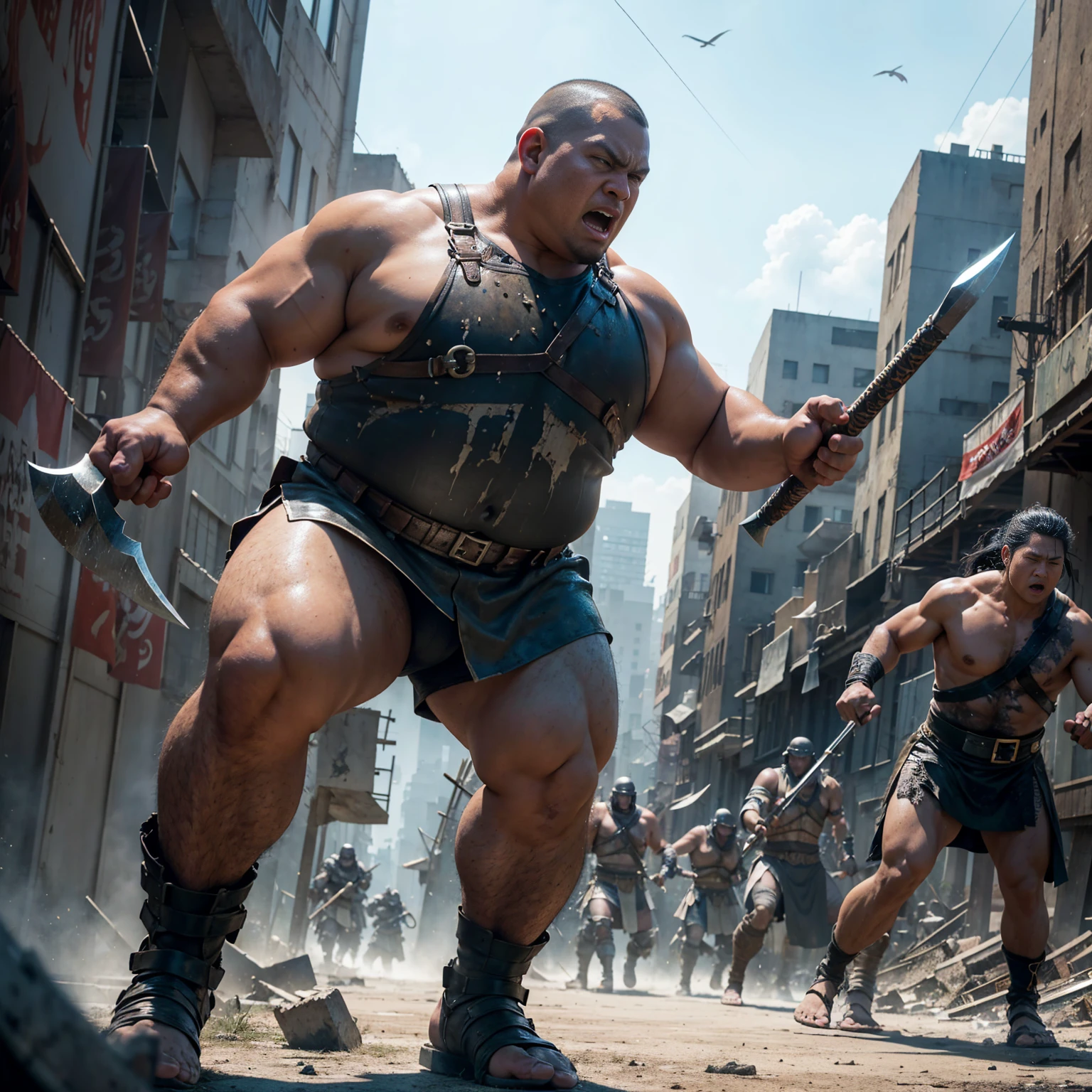 looking at us, Staring Intently, face focus, Bandit, Fat ferocious barbarian:2, This barbarian is a robust stocky Japanese, smirking, lets out a yell, mid combat, intense battle scene, leather and iron armor, armored short skirt, holding a Viking War Axes, legs exposed from thighs to feet, fierce warriors, ancient battlefields, epic showdown, battleground background, breathtaking action, masterpiece, volumetric lighting, Dramatic, Uighur the Warden, breathtaking action, dynamic poses, bald, ((ultra sharp)), ((masterpiece)), ((best quality)), ((ultra detailed)), ((intricate details)), Inguinal region detailed, Dilapidated, destroyed city after big air raids, fire, A desolate, post-apocalyptic cityscape, A brutal scene, casting an ominous shadow,