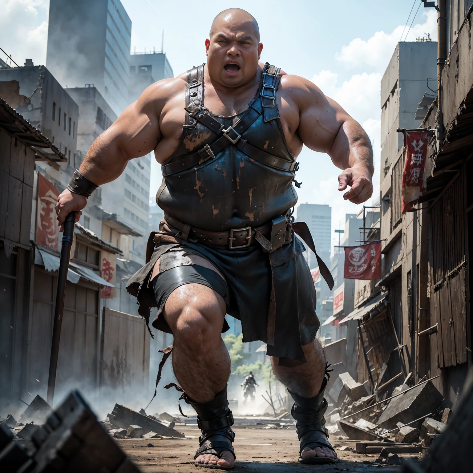 looking at us, Staring Intently, face focus, Bandit, Fat ferocious barbarian:2, This barbarian is a robust stocky Japanese, smirking, lets out a yell, mid combat, intense battle scene, leather and iron armor, armored short skirt, holding a Viking War Axes, legs exposed from thighs to feet, fierce warriors, ancient battlefields, epic showdown, battleground background, breathtaking action, masterpiece, volumetric lighting, Dramatic, Uighur the Warden, breathtaking action, dynamic poses, bald, ((ultra sharp)), ((masterpiece)), ((best quality)), ((ultra detailed)), ((intricate details)), Inguinal region detailed, Dilapidated, destroyed city after big air raids, fire, A desolate, post-apocalyptic cityscape, A brutal scene, casting an ominous shadow,