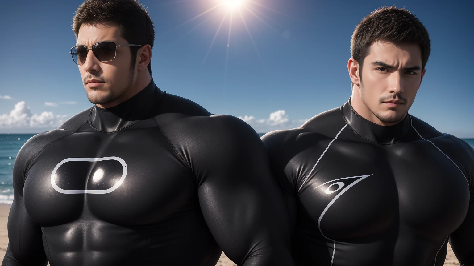 Super muscular man hugging, They wear sunglasses,Deep gaze kiss,They embrace affectionately,short hair,Beach under the scorching sun, Wear a light grey high collar, long sleeves and tight fitting wetsuit, Shark skin texture,Beach by the sea,beautiful landscape,The expression is arrogant, Thick thighs, messy hair, Thick thighs, Wear a light grey high collar, long sleeves and tight fitting wetsuit, very tight, Regular symmetrical pattern, Highlight muscles, character concept(Resident Evil - chris redfield, chris redfield)A proud expression, Deep and charming eyes, Valiant male pose, tall Burly, muscular!muscular thighs, Tough Guy, Perfect facial features, High, Burly, Heqiang, Super exquisite and cool, High Resolution Committee, Attractive, The sun is blazing, Dazzling