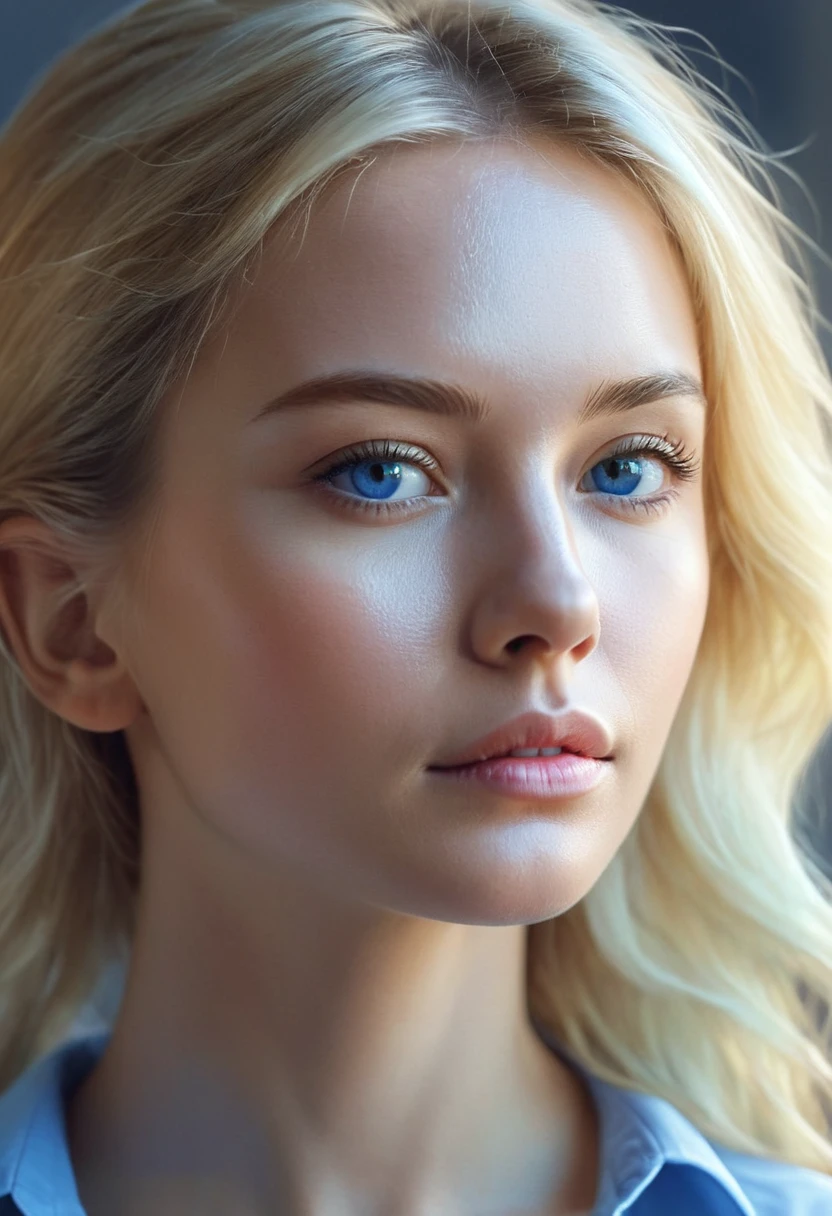 blond woman with a blue shirt and a white shirt looking at the camera, digital art by Emma Andijewska, shutterstock, photorealism, soft portrait shot 8 k, close up of a blonde woman, close - up portrait shot, close up portrait shot, woman's face looking off camera, very pretty face, perfectly lit face, close-up shoot