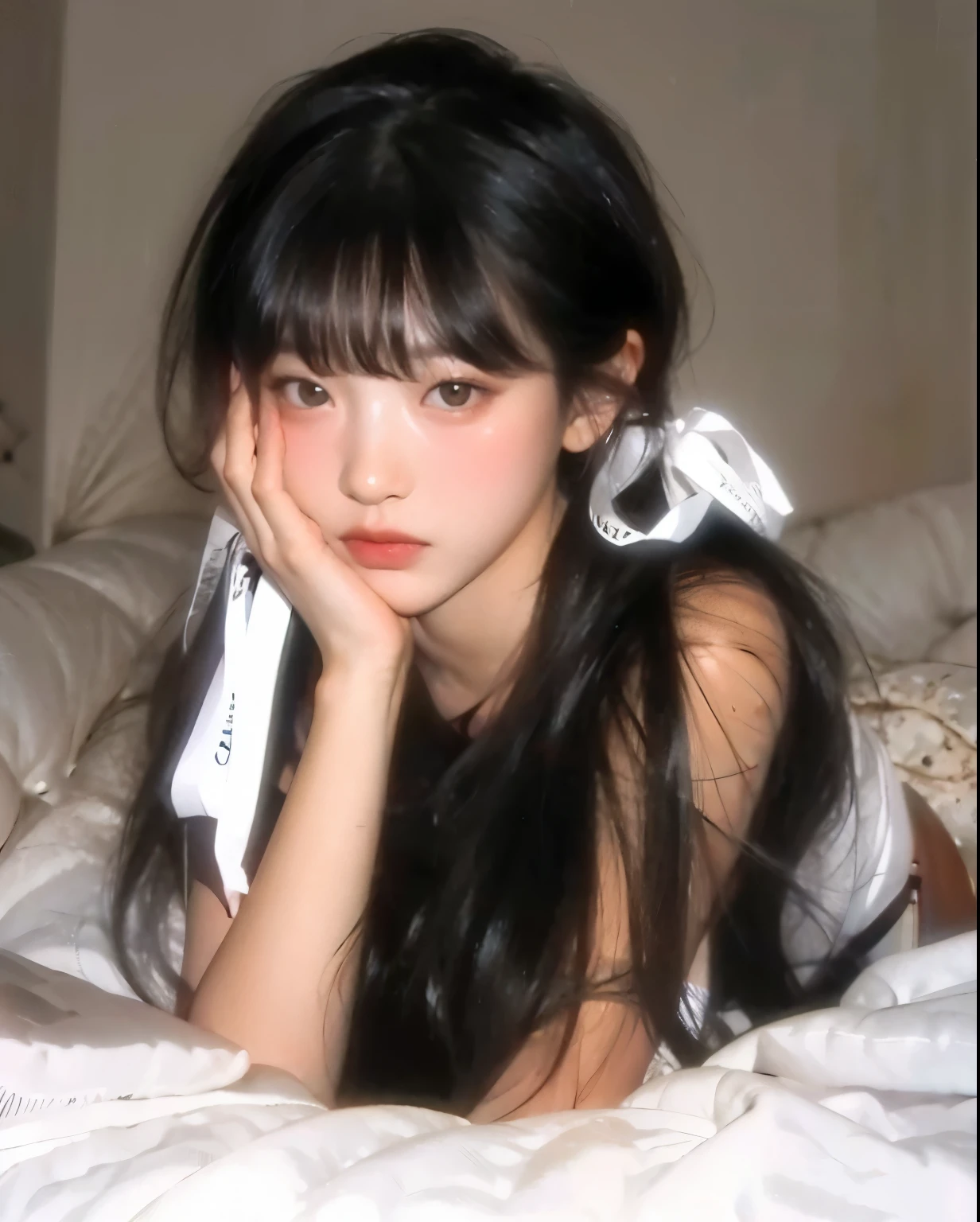 a woman laying on a bed with her hair blowing in the wind, ulzzang, she has black hair with bangs, cruel korean goth girl, korean girl, lalisa manobal, with full bangs, portrait of jossi of blackpink, long hair with full bangs, lalisa manoban of blackpink, long black hair with bangs, photo realistic, 4k --auto --s2
