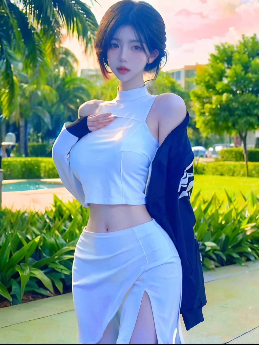 Beautiful woman with perfect figure:1.4,Layered hairstyle,Snow White,White skin,Prominent cleavage,Bikini:1.5,Super short pleated skirt,whole body,Very delicate facial and skin texture,Double eyelids,Skin Whitening,Long white hair
