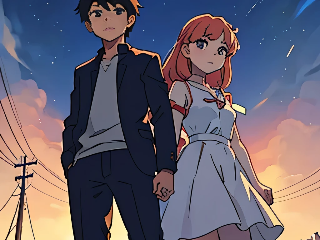 perfect anime illustration of a girl and a boy standing together, posing for a picture, standing together
