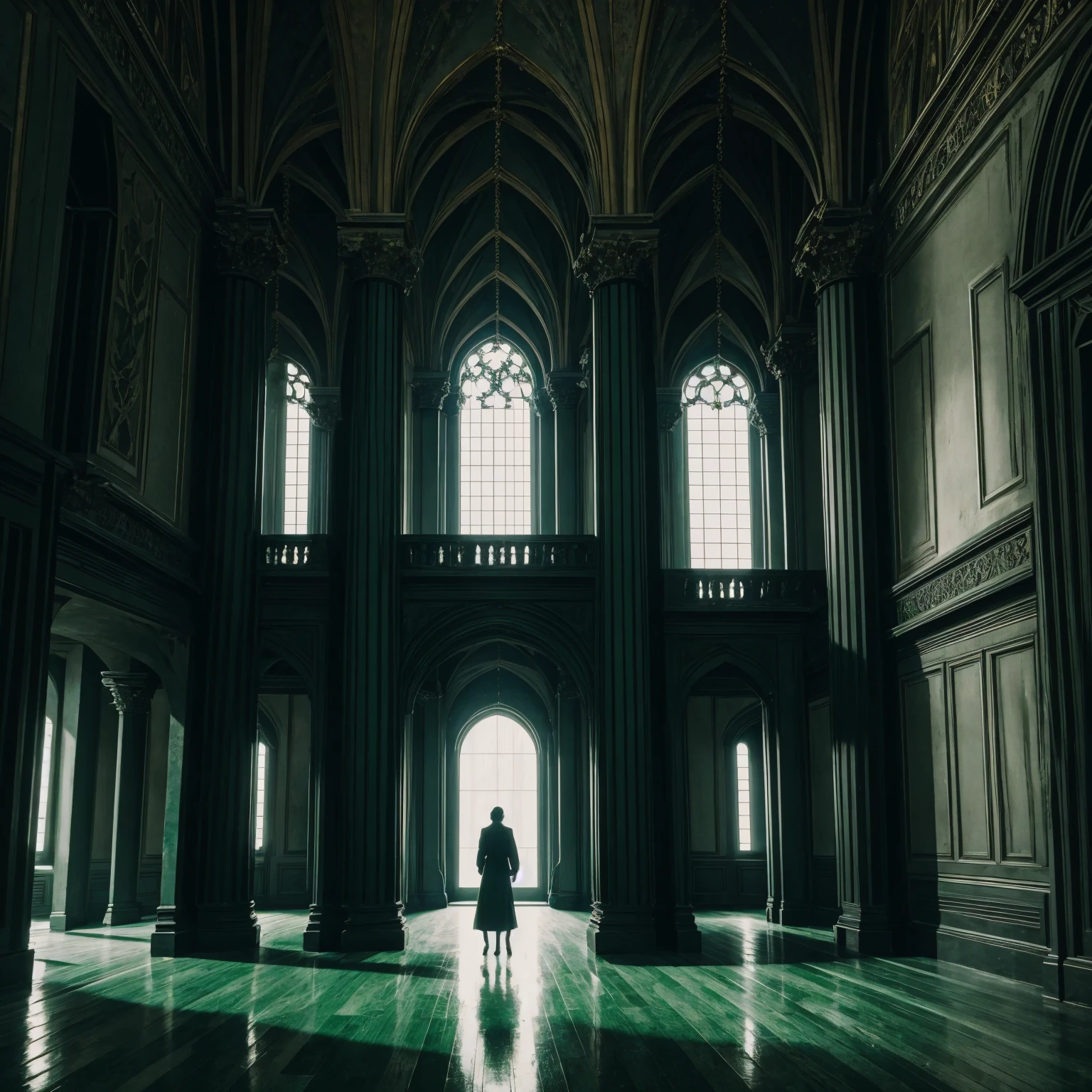 Dark green and black, abondoned places / palaces vibe Symmetrical