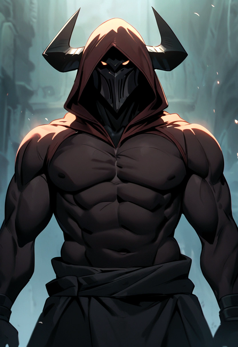 A tall strong human guy, foggy hood, dark armour, no helmet, full face, demon horns, big bottom canines tooths