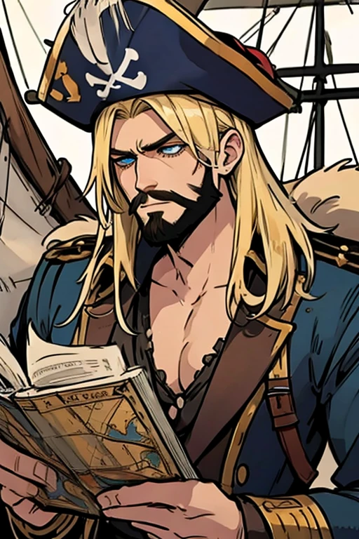 A muscular blonde haired male pirate with blue eyes and long hair and a dark beard in a pirate's outfit is sitting on a captain's throne with a big smile on a pirate ship