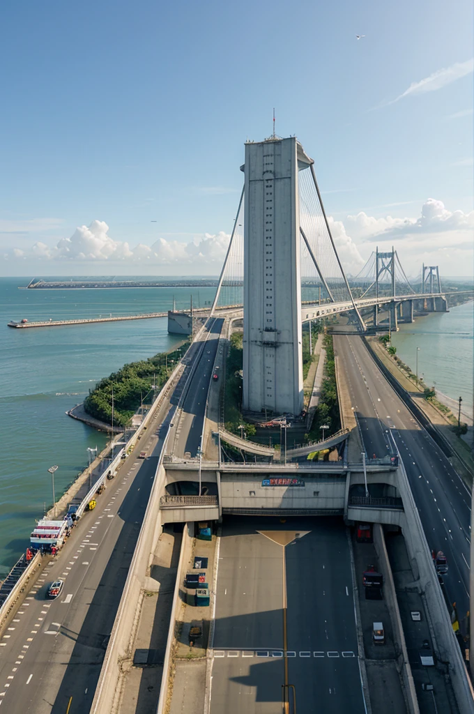 "The Suramadu Bridge in Surabaya in the year 2050, with tourist attractions similar to those at Pantai Indah Kapuk on its shore, and a futuristic-themed MRT."