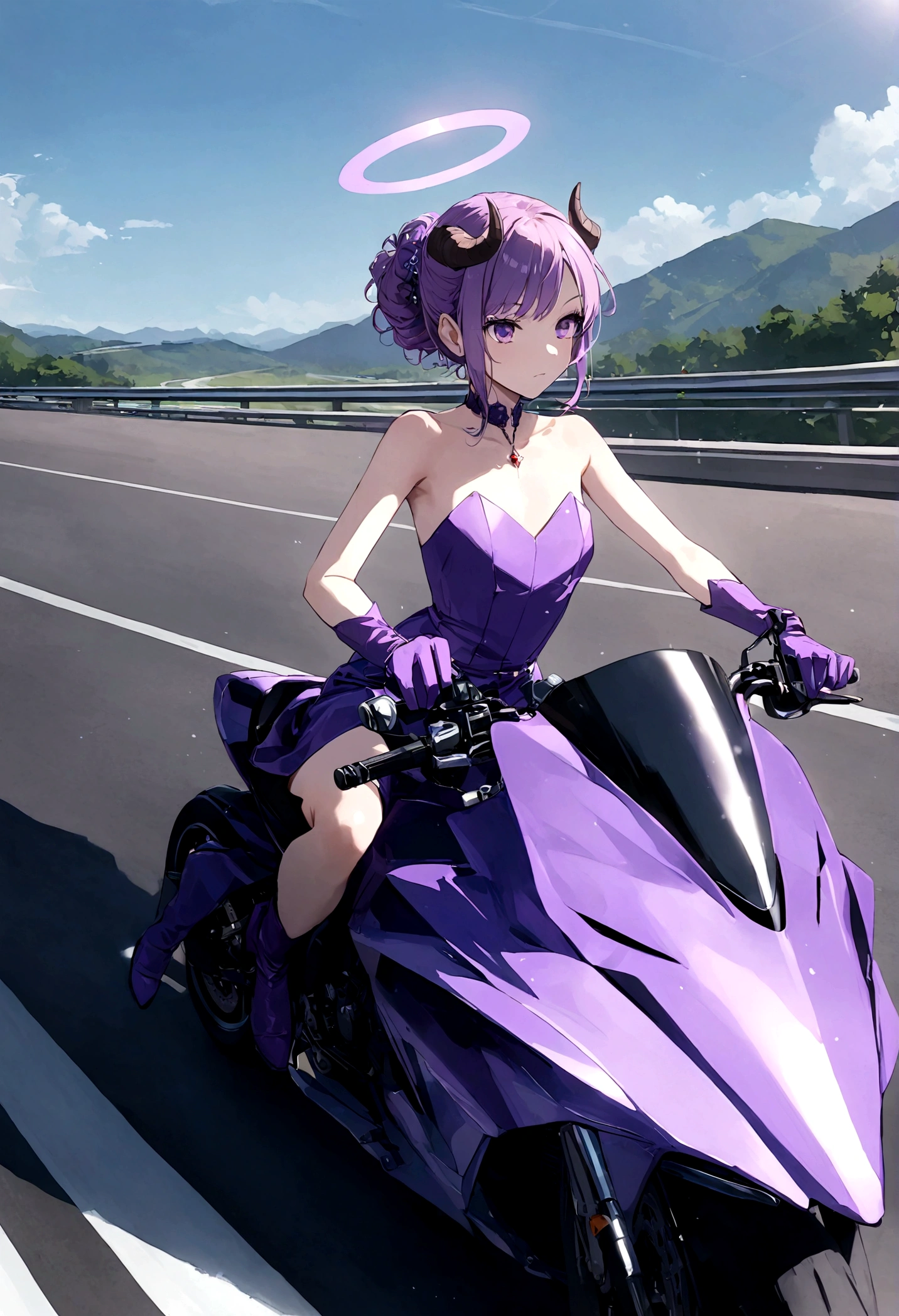 Racing Suit, Motorcycle, Riding, Highway. Sorasaki Hina (Dress), bare shoulders, demon horns, purple party dress, strapless dress, purple party gloves, purple eyes, hair up, (halo), flat chest, jewerly,