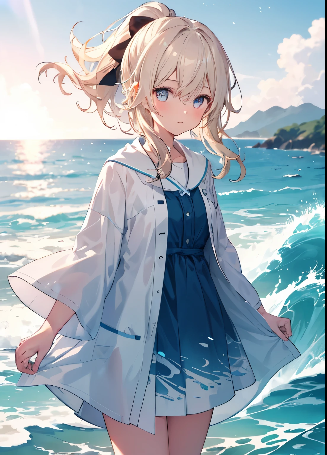 1girl, standing, water waves, coastal mist, warm light, glowing eyes, long hair, flowing, sea spray, ocean wind, wavy hair, sea foam, shell, beach stone, ripples, foam pattern, depth of field, focus on character, blurred background, misty air, soft colors, calm sea, shore, ocean breeze, serene atmosphere