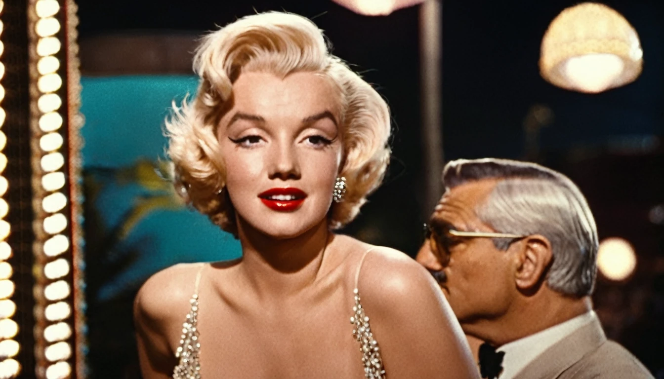 a poster shot from a vintage film still of Marilyn Monroe with makeup looking at Clark Gable with glasses and clean shaving outside a hollywood matinee at night