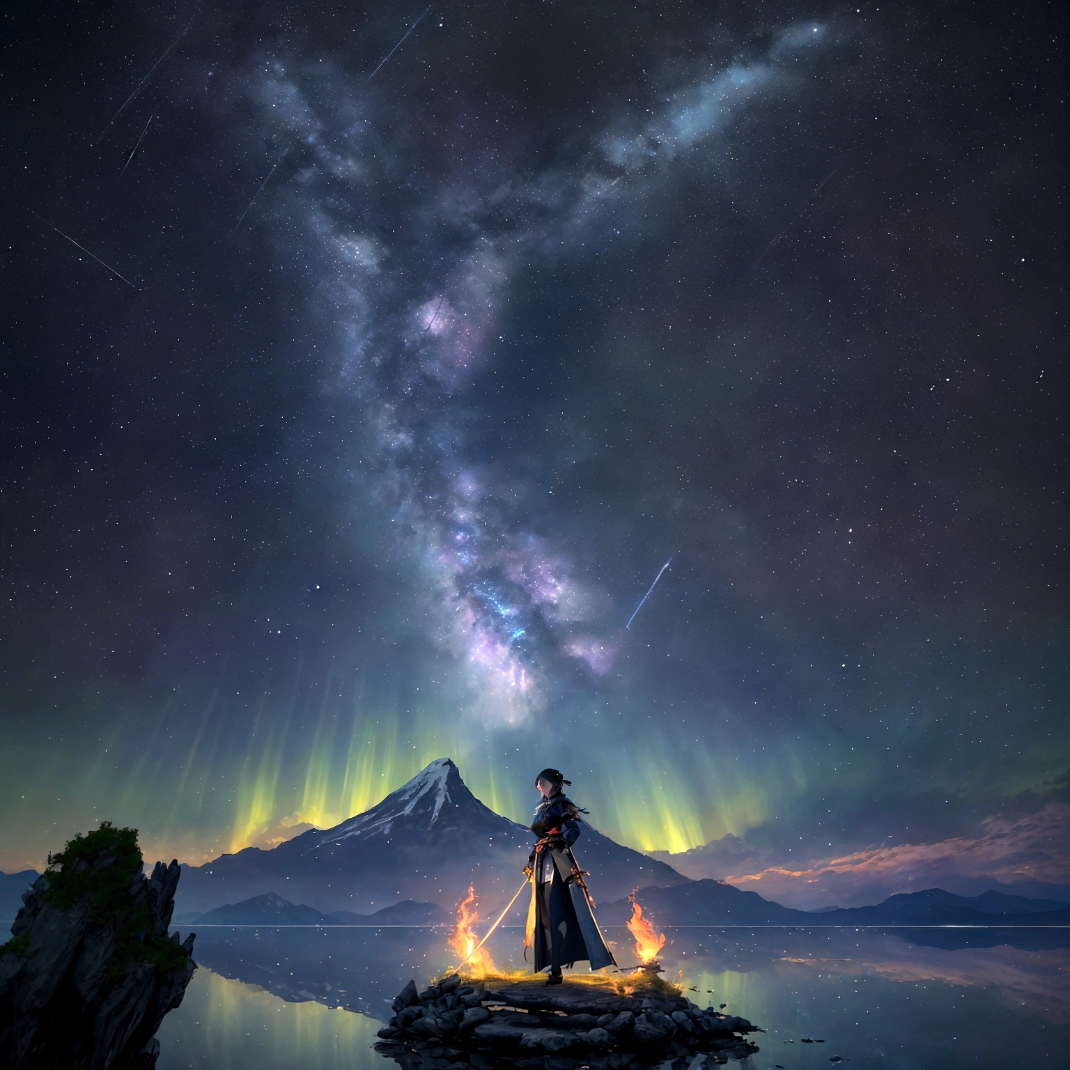 (8k, highest quality, masterpiece, final fantasy style: 1.2), (unRealistic, photoRealistic: 1.37), (one mage lady standing on lake side, huge bouncing bust, with sword with fire, Her sword shines into the heavens:1.1), Dreamy landscape, Fantasy, Unsurreal landscapes, Super detailed, Flying medieval castle, Floating Island in the Sky, Seven-colored swirl of light, (流星のMr.に空を舞う光り輝く尾の長い小鳥:1.3), Aurora, Intense lightning, milky way, Complex Light, Mr.々Colored light, Large Lake, Starry sky reflected on the lake surface, Countless shining stars, Meteors, Many meteors, Aura of, (A pillar of light emanated from the ground:1,2), 複雑な文Mr.の魔法陣,