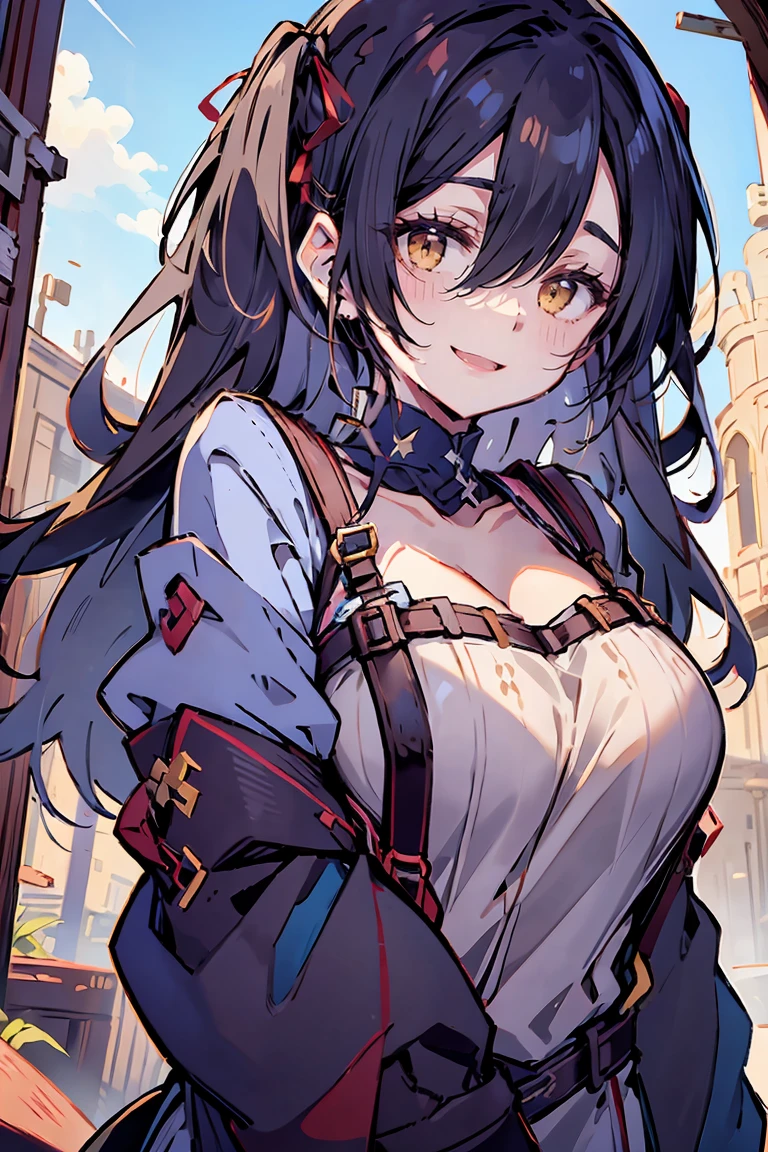 (masterpiece:1.2), (high quality:1.2), (hui xiyi:0.7), rekkyo sensen, rekkyou sensen, girls with((black hair, tits cleavage, waving is hands, breasts close up, (suspenders:1.2), (dress:0.65), (blue clothes:1.2), (belts:0.7), frills shirt, (white knit sweater:1.2), camisole, exposed breasts, straps, ribbon, upper body, (long wavy hair:1.2), (one side up:1.2), nun, long sleeves, perfect hands, perfect fingers)), background with((fantasy world, ruin, castle, beautiful sky, shining sky, sunshine))