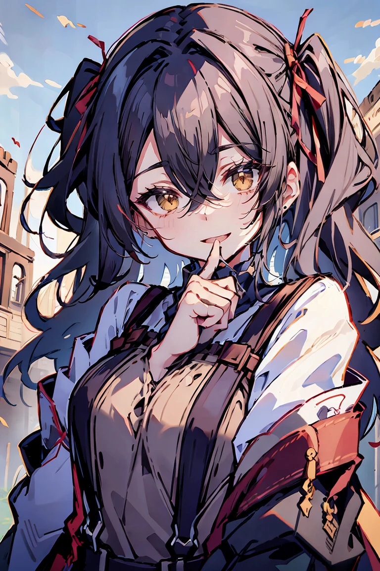 (masterpiece:1.2), (high quality:1.2), (hui xiyi:0.7), rekkyo sensen, rekkyou sensen, girls with((black hair, tits cleavage, waving is hands, breasts close up, (suspenders:1.2), (dress:0.65), (blue clothes:1.2), (belts:0.7), frills shirt, (white knit sweater:1.2), camisole, exposed breasts, straps, ribbon, upper body, (long wavy hair:1.2), (one side up:1.2), nun, long sleeves, perfect hands, perfect fingers)), background with((fantasy world, ruin, castle, beautiful sky, shining sky, sunshine))