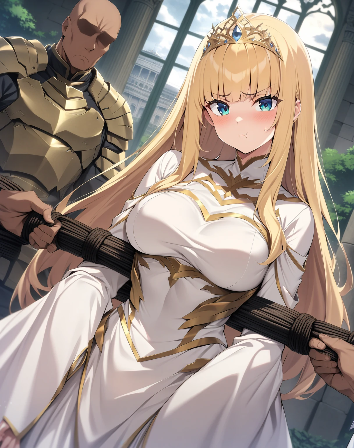 {{upper body, dutch angle}} {{Artist: moisture_(chichi)}} 1 woman, 2 guards on either side restraining her, 2 men wearing armor, mature female, elegant, princess, medium breasts, straight hair, golden hair, long hair, hime cut, green eyes, white dress, gold trim, tiara, looking at viewer, pout, restrained by two men, faceless male, outdoors, garden, palace, cloudy, moonlight, window.