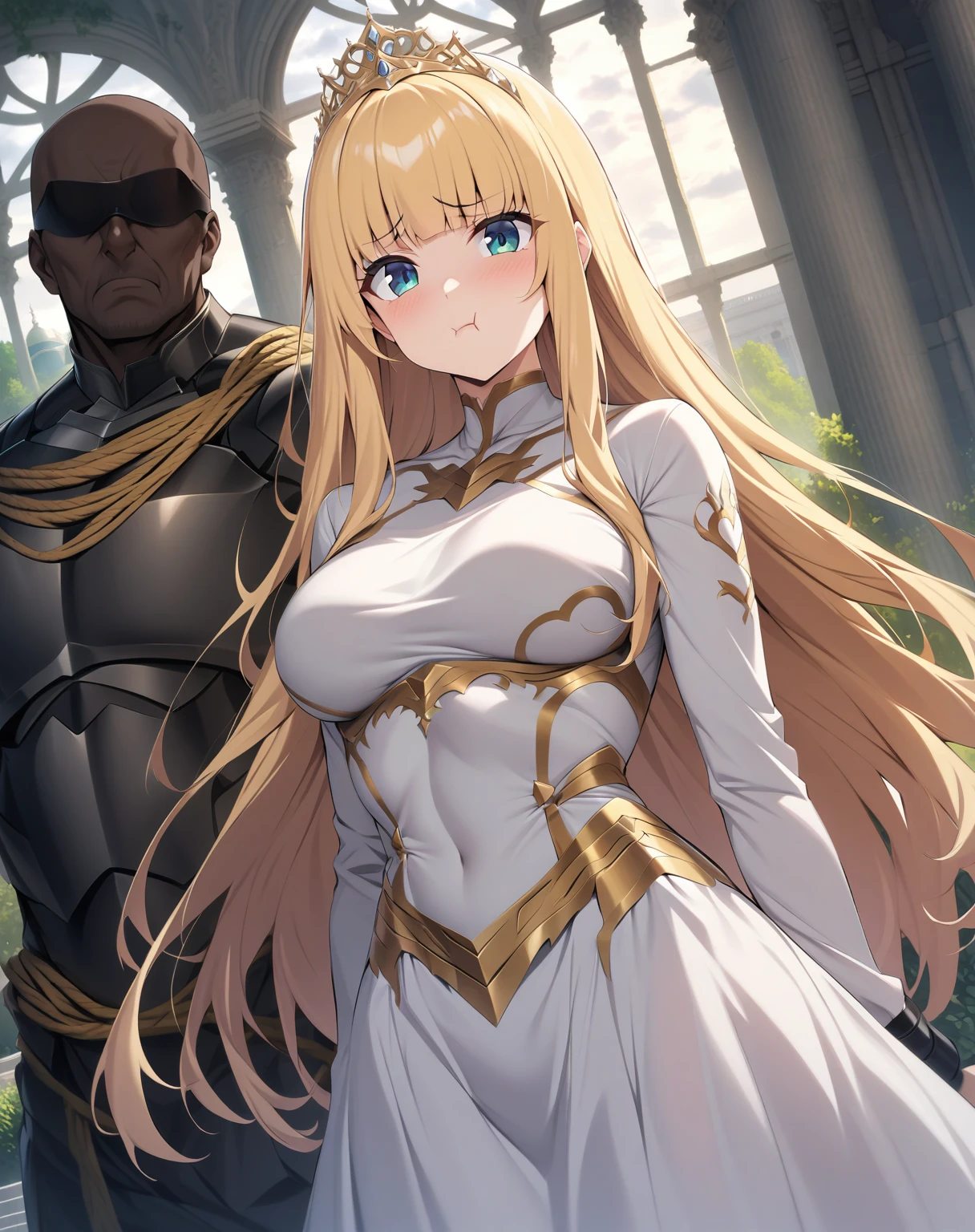 {{upper body, dutch angle}} {{Artist: moisture_(chichi)}} 1 woman, 2 guards on either side restraining her, 2 men wearing armor, mature female, elegant, princess, medium breasts, straight hair, golden hair, long hair, hime cut, green eyes, white dress, gold trim, tiara, looking at viewer, pout, restrained by two men, faceless male, outdoors, garden, palace, cloudy, moonlight, window.
