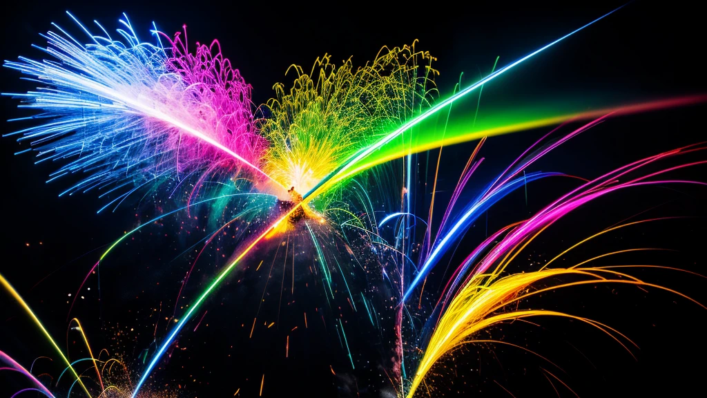 Create an image of multiple bright neon colors of very fine powder, all combined together and exploding outwards in a beautiful smokey display against a black background.