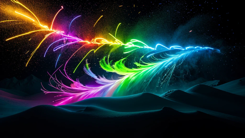 Create an image of multiple bright neon colors of very fine powder, all combined together and exploding outwards in a beautiful smokey display against a black background.