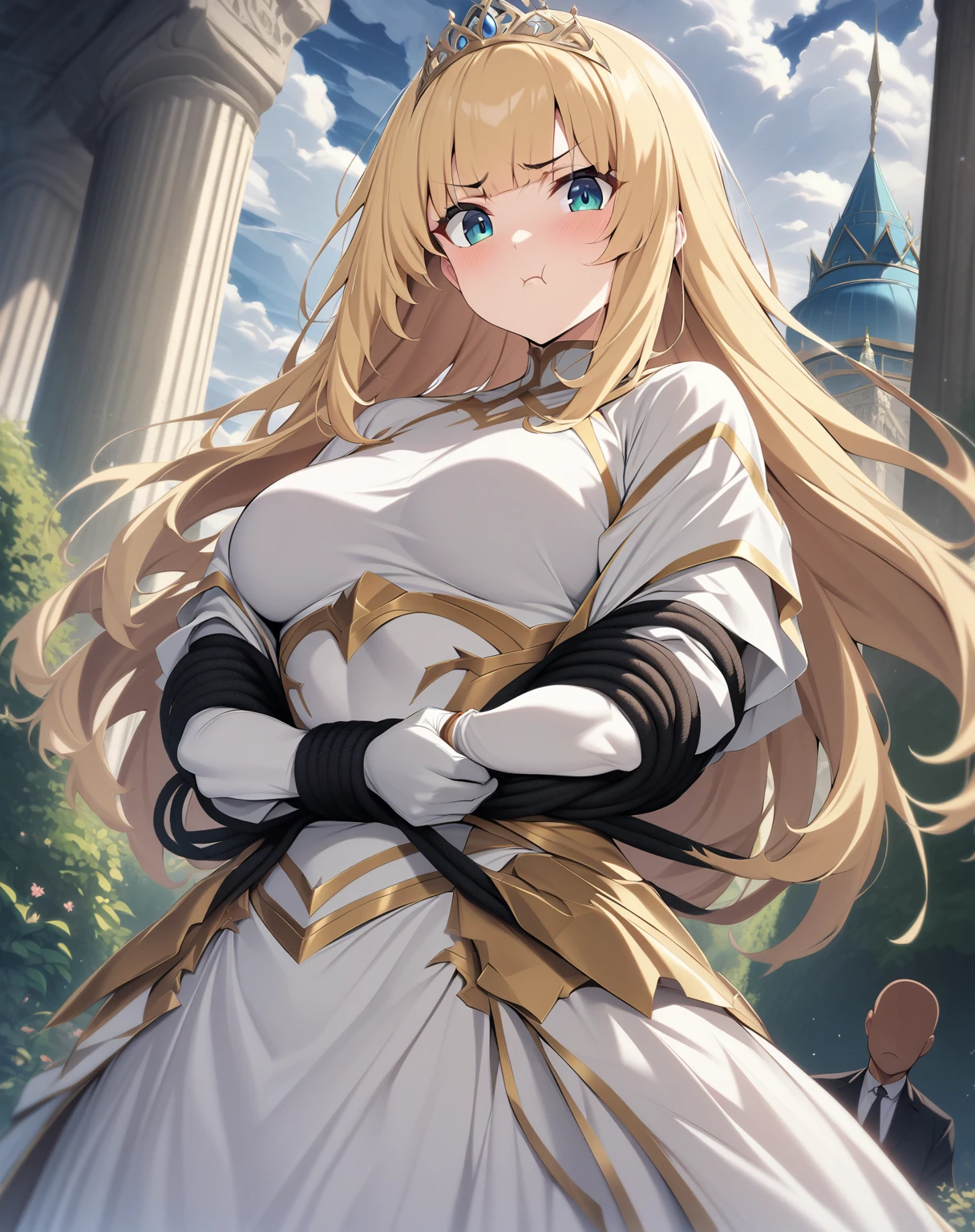 {{upper body, dutch angle}} {{Artist: moisture_(chichi)}} 1 woman, 2 guards on either side restraining her, 2 men wearing armor, mature female, elegant, princess, medium breasts, straight hair, golden hair, long hair, hime cut, green eyes, white dress, gold trim, tiara, looking at viewer, pout, restrained by two men, faceless male, outdoors, garden, palace, cloudy, moonlight, window.