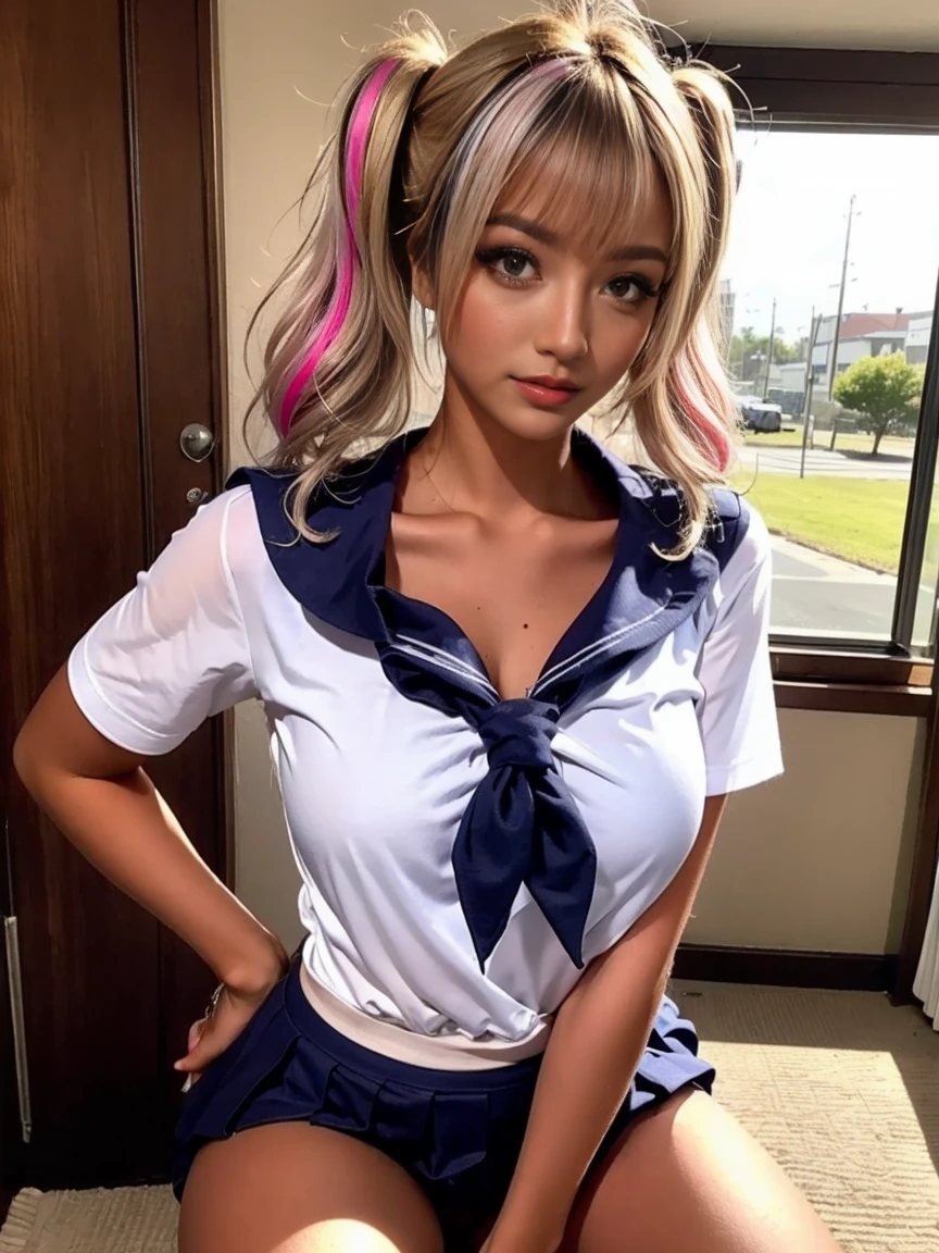 Gal, (Anatomically correct,),masterpiece, highest quality, RAW Photos, Realistic, face, Unbelievably ridiculous, Beautiful girls, cute, Written boundary depth, High resolution, 超detailedな, detailed, ighly detailedd, extremely detailedd eye and Realisticな学生, Sharp focus, Cinema Lighting, Pale, tanned skin,alone,woman,(panties), (Short-sleeved sailor uniform:1.2),Wide Hips, ((Sensual;1.5)), Glamour, Big Breasts,Sunburn marks on tanned skin,Pink Hair,Blonde Hair,Platinum Hair,Brown Hair,orange,Wavy Hair,Shortcuts,Pixie Cut,Twin tails,Cosplay
