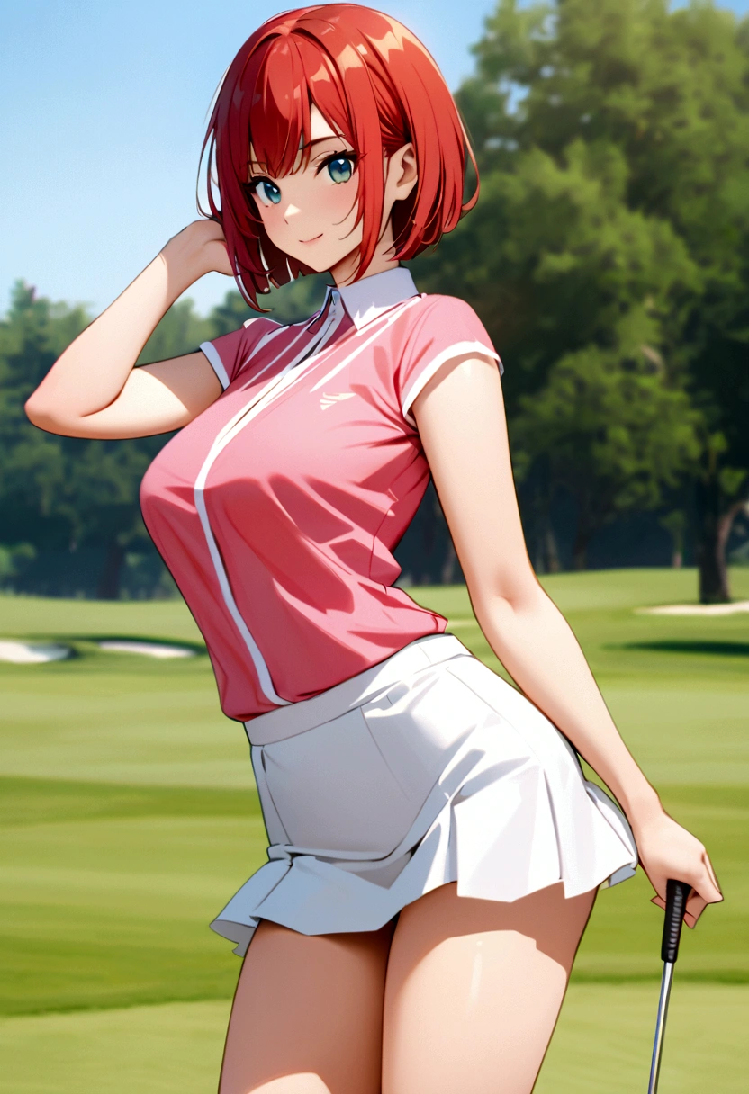 sound　high resolution　8k beauty　Woman playing golf　Golf course　Beautiful woman　Bobcut　Red hair　　Golf Wear　mini skirt　smile　　looking at the camera　nice shot