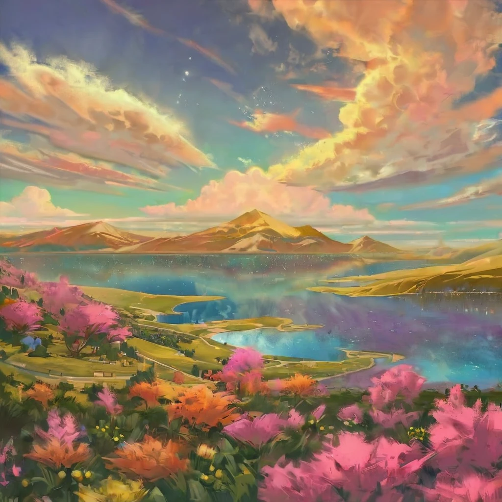 nothing, Colorful,Dreamy landscape, is surrounded cloud, light piercing through the cloud, Reflection on the surface of the water, Calm spring, Quiet atmosphere, Richness in details, Surreal beauty, fantastical aura, Fantasy Landscape, High quality digital art, Vibrant colors, Fantastic lighting, Enchanting atmosphere, artistic expression, Otherworldly feeling, Beautiful brushwork, Surrealism, Photorealistic elements, Magnificent View, Peaceful tranquility, Immersive Experience, Breathtaking views, Picturesque views, Mysterious charm, Mysterious atmosphere, Nuances, A magical dream.