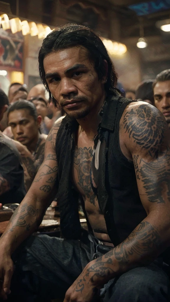 there is a man sitting in a crowded room with tattoos on his arms, film still of manny pacquiao, style of ade santora, joe taslim, 8 k movie still, arms covered in gang tattoo, scene from live action movie, portrait shot, movie promotional image, movie still 8 k, action scene from the film, inspired by Rudy Siswanto