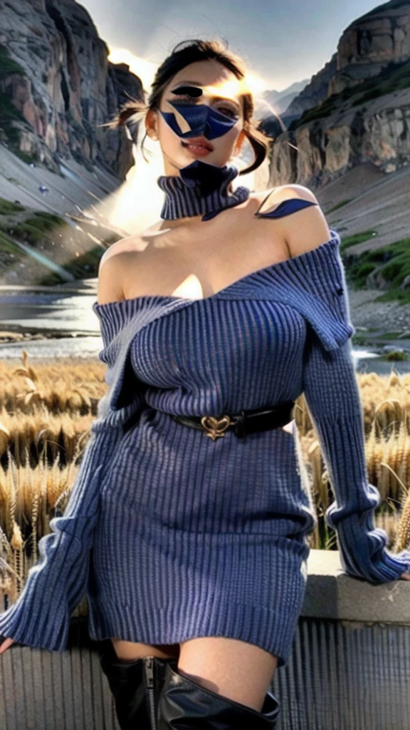 (realistic:1.3), finely detailed, quality, rembrandt lighting, (masterpiece:1.2), (photorealistic:1.2), (best quality), (detailed skin:1.3), (intricate details), dramatic, ray tracing, 1girl, japanese girl, 21 years old, detailed skin texture, (blush:0.5), (goosebumps:0.5), subsurface scattering, smiling, massive breasts, long hair curls, bangs, hair between eyes, open sweater, off shoulder, sweater dress, belt, knee boots, (wide open field of wheat, golden hour, god rays),