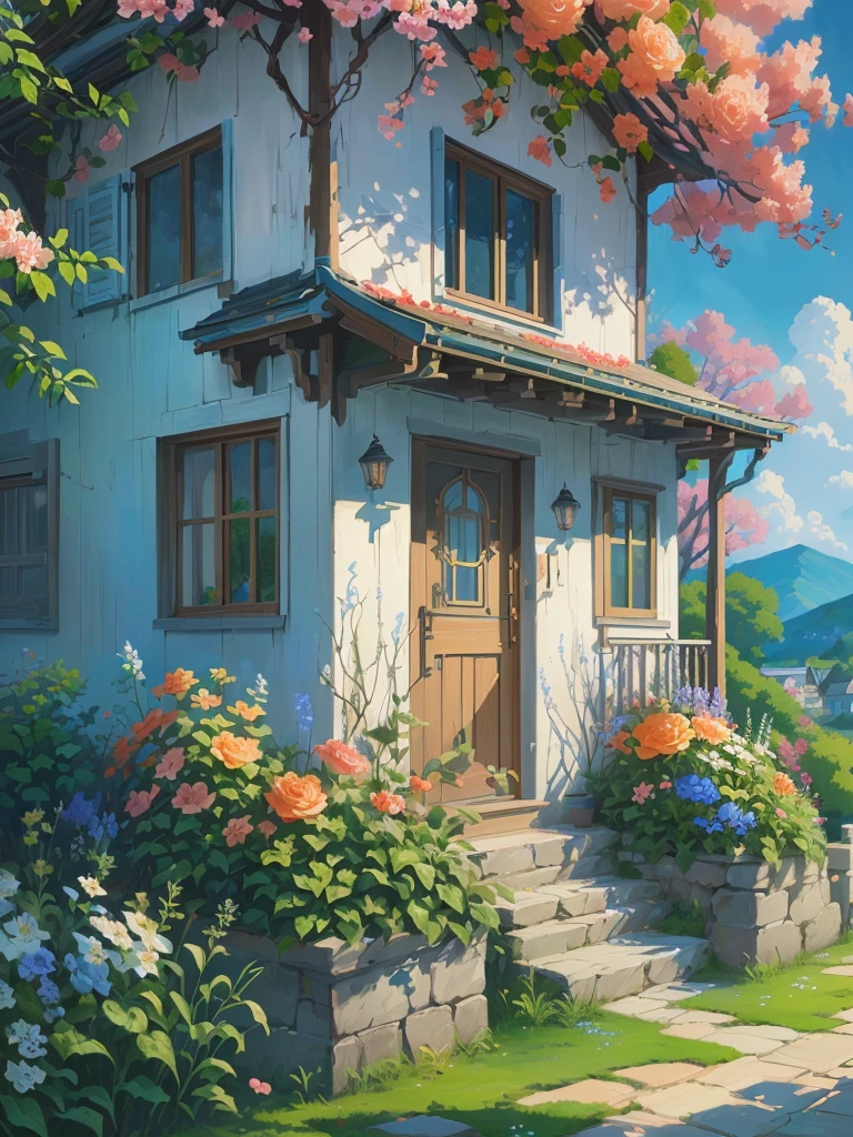 painting of a house with flowers and a pathway leading to it, flowery cottage, detailed painting 4 k, by Yang J, full of colors and rich detail, high detailed painting, high detailed), beautiful digital painting, detailed scenery —width 672, highly detailed digital painting, painted in anime painter studio, idyllic cottage, by Arthur Pan, detailed paintings