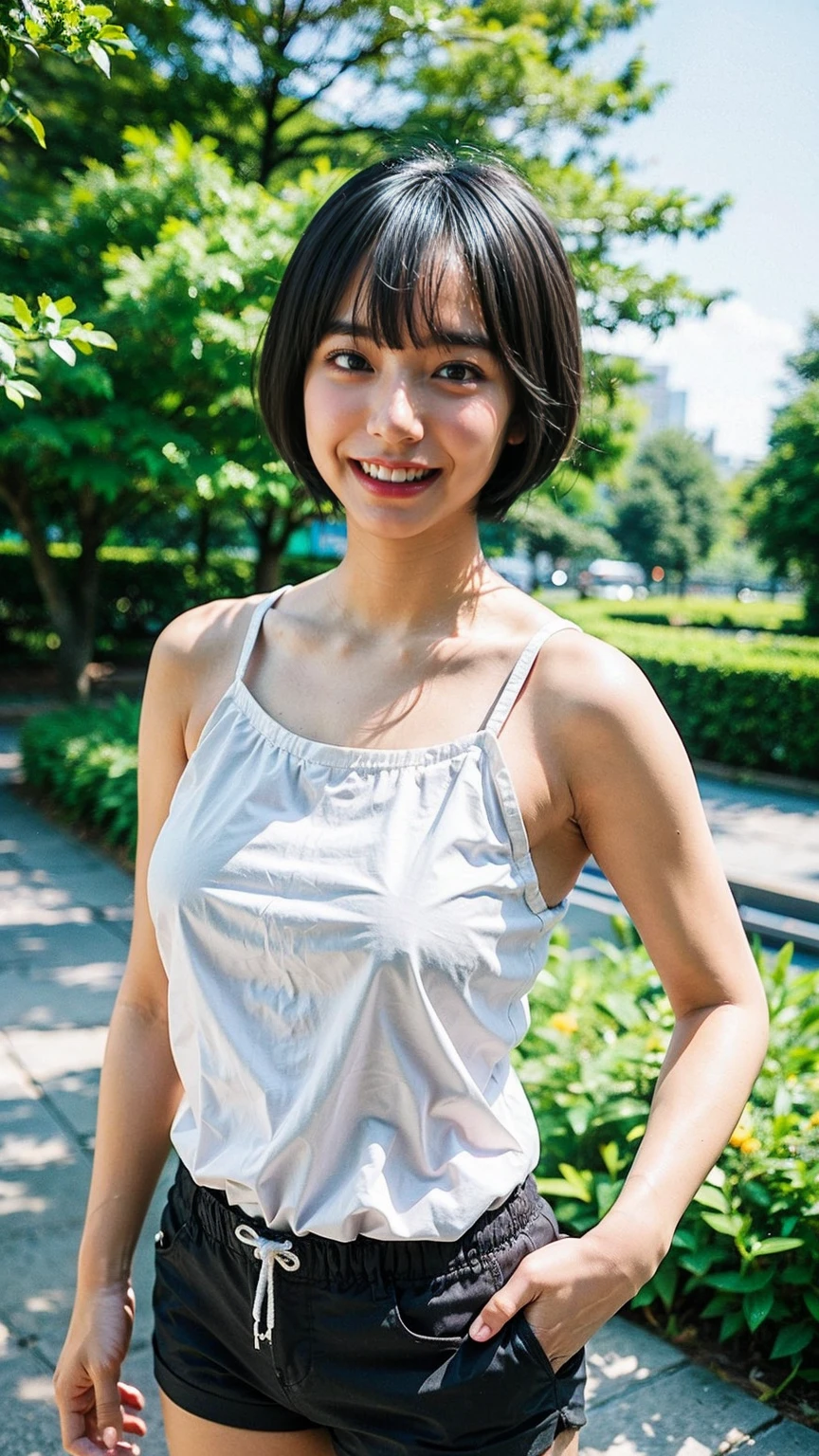 (8k、RAW Photos、highest quality、masterpiece:1.2)、(Realistic、Realistic)、1 girl、((garden、smile、Large Breasts、Tank top、Black shorts、Facing forward、Standing with hands on hips))、